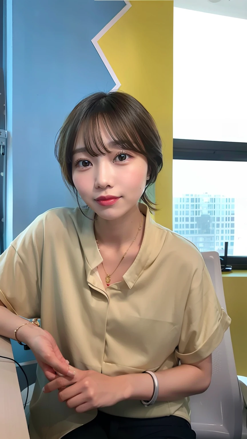 Women sitting at desks，Laptop in hand，Yellow wall as background。