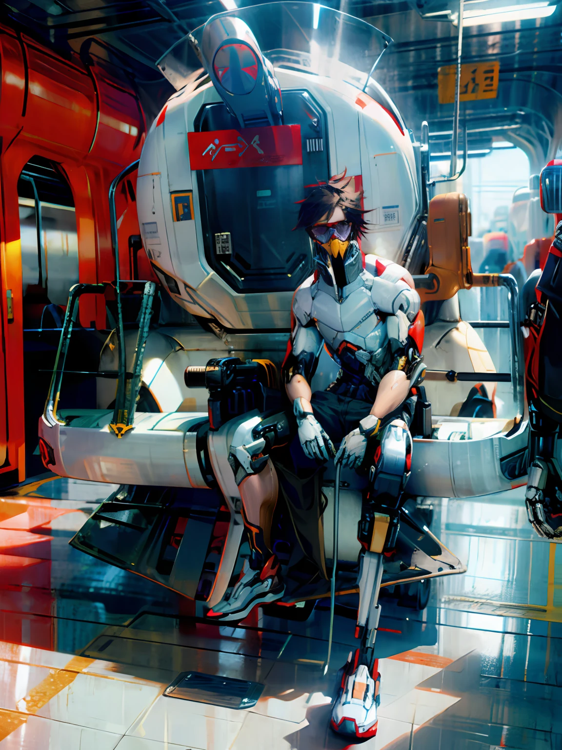 A man wearing sunglasses sits on a train,prosthetic leg,Prosthesis,White mech on the upper body,Mechanical Warframe,