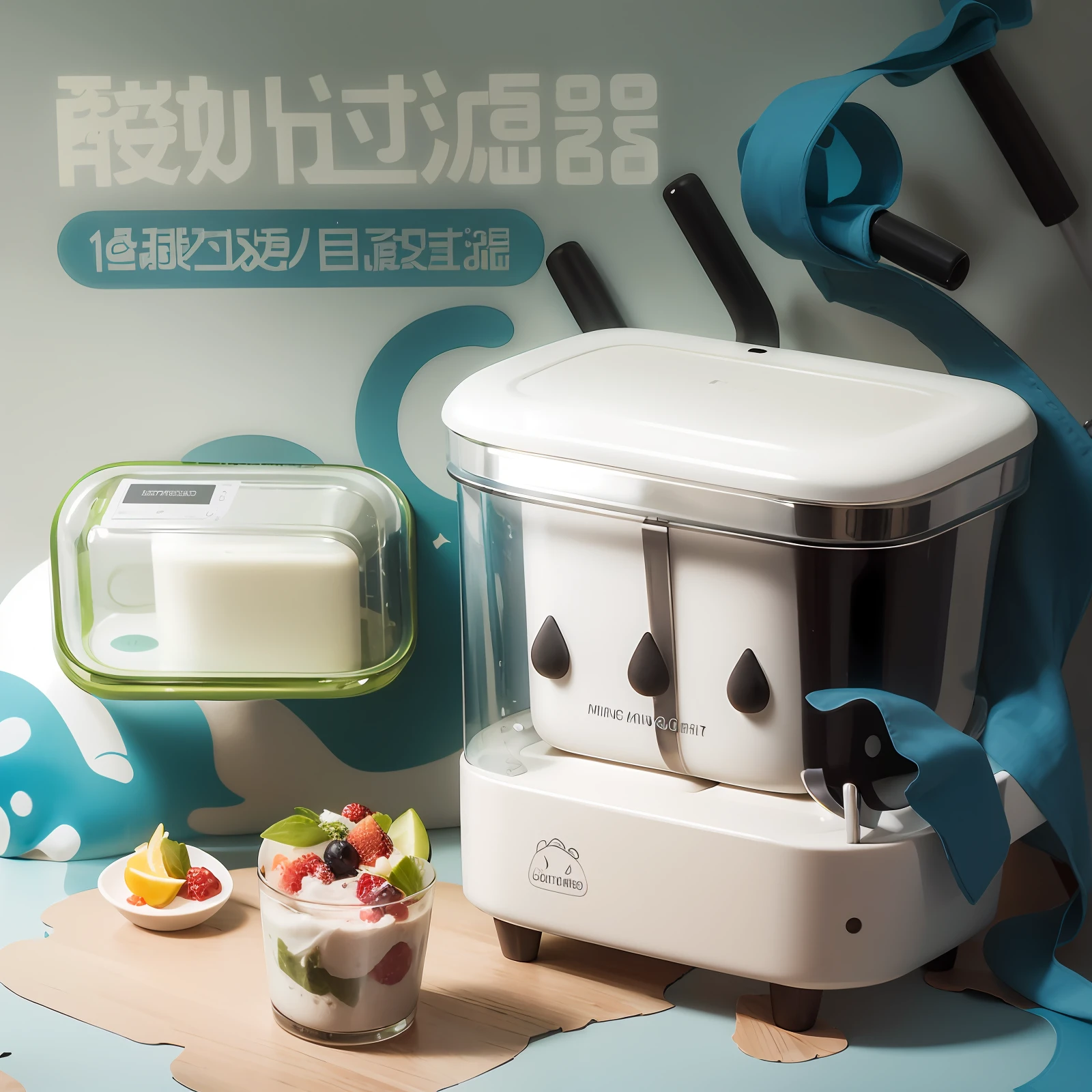 There is a photo of a yogurt maker holding a bowl of fruit, Official product image, product - view, Product photo, product introduction photos, Wang Chen, product introduction photos, product image, product image, Official product photo, List image, milk, blender, ProductAdvertisements, yogurt, freezing, blue transparent jelly, watercore, delicacy, product