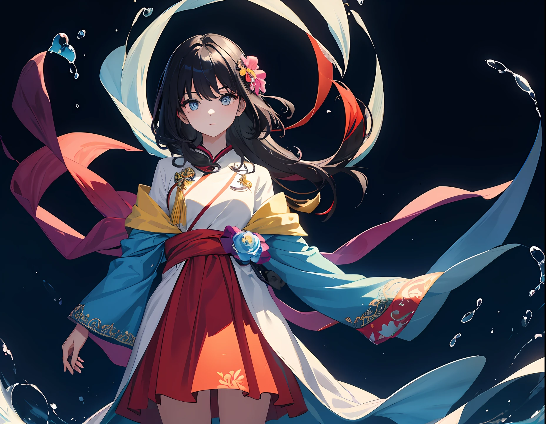(masterpiece), (best quality), (ultra detailed),(disheed hair),(illustration), (1girl), (Fashionable clothing), standing, Fashion model, looking at viewer, (interview), (simple background),美丽细致的眼睛，Delicate beauty，afloat，（high saturated），（Colorful splashes），Colorful bubbles，（shine），Focus on the face，dishiveredhair，black color hair，By bangs，Floating flowers，Long flowing shawl hair，best illuminate，best shadow，idoly