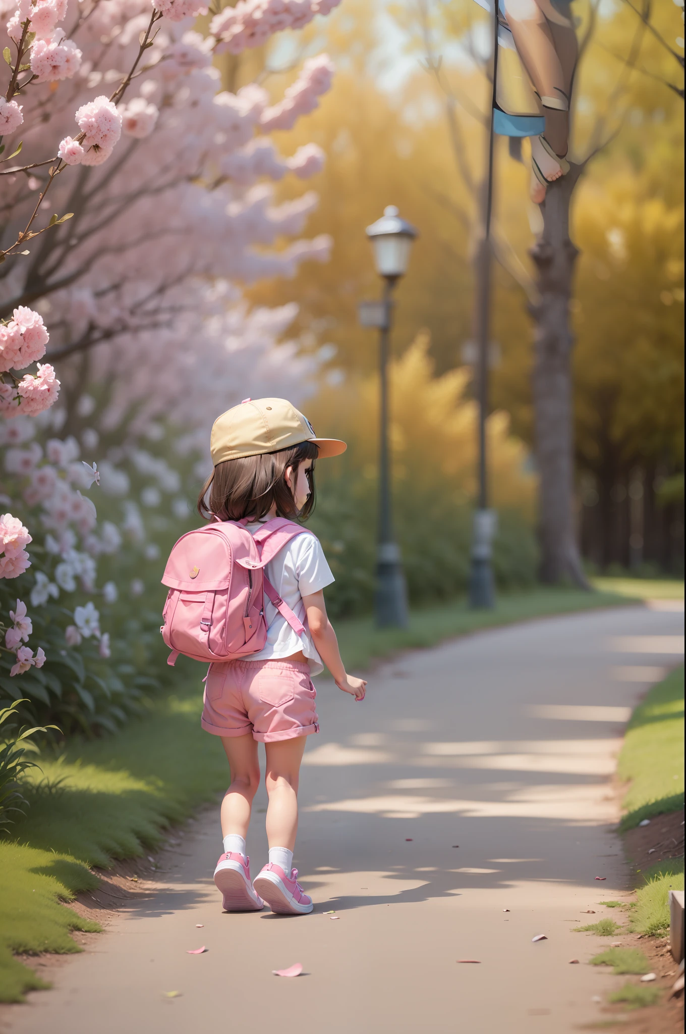 springtime,In nature,1 Little girl puppy,Play as a little girl in a white shirt,Pink shorts, wearing pink hat,Bring a pink backpack,Wear pink sneakers on your feet