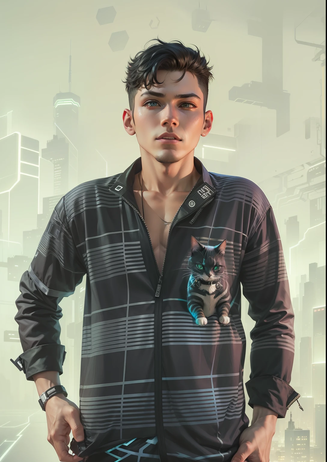 cyber punk.smart.boy with cat .4k ultra