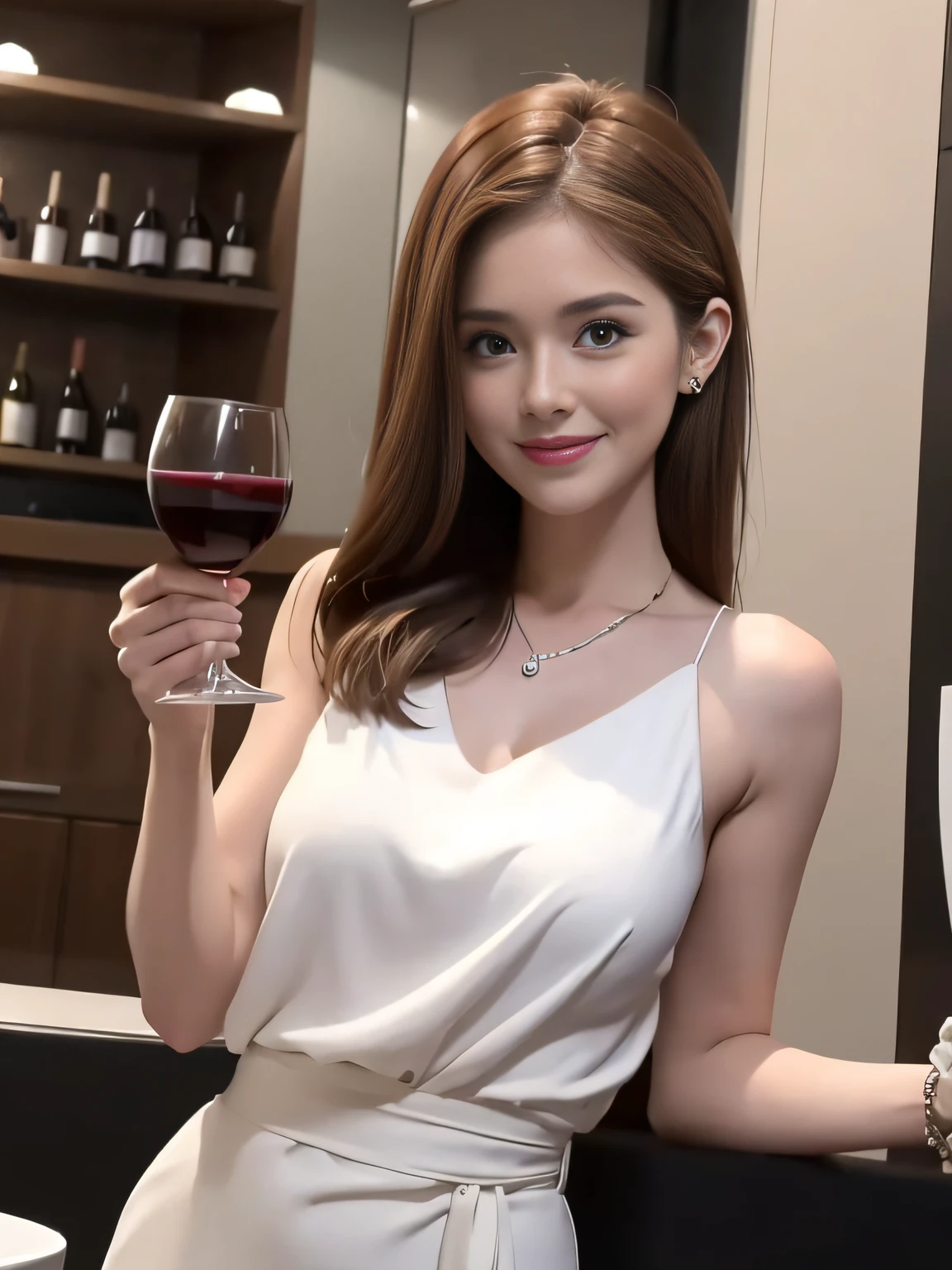 (64K, UHD, top quality, masterpiece: 1.2), (realistic, photorealistic: 1.37), super detailed, pretty woman 1 person, (slim face), (slim body), (brown hair), (short cut), cheeks slightly blushing, (41 years old), 38 years old, solo, outside the window is a beautiful detailed urban night view, restaurant, wine glasses sit, at night, in a prominent place (from the waist up) NovaFrogStyle, Actress, Model, Waist Up, White Wine, Slim, Wine Glass, Super Clean Night View, Wine Glass Put in the Middle, Happy Smile, (Smile: 1.15), Beautiful Fine Eyes, Upper Body, Bust Japan Up, Night, Short, Short, Actress, Model, Waist Up, White Wine, Slim, Wine Glass, Super Clean Night View, Wine Glass Put in the Middle, Happy Smile,