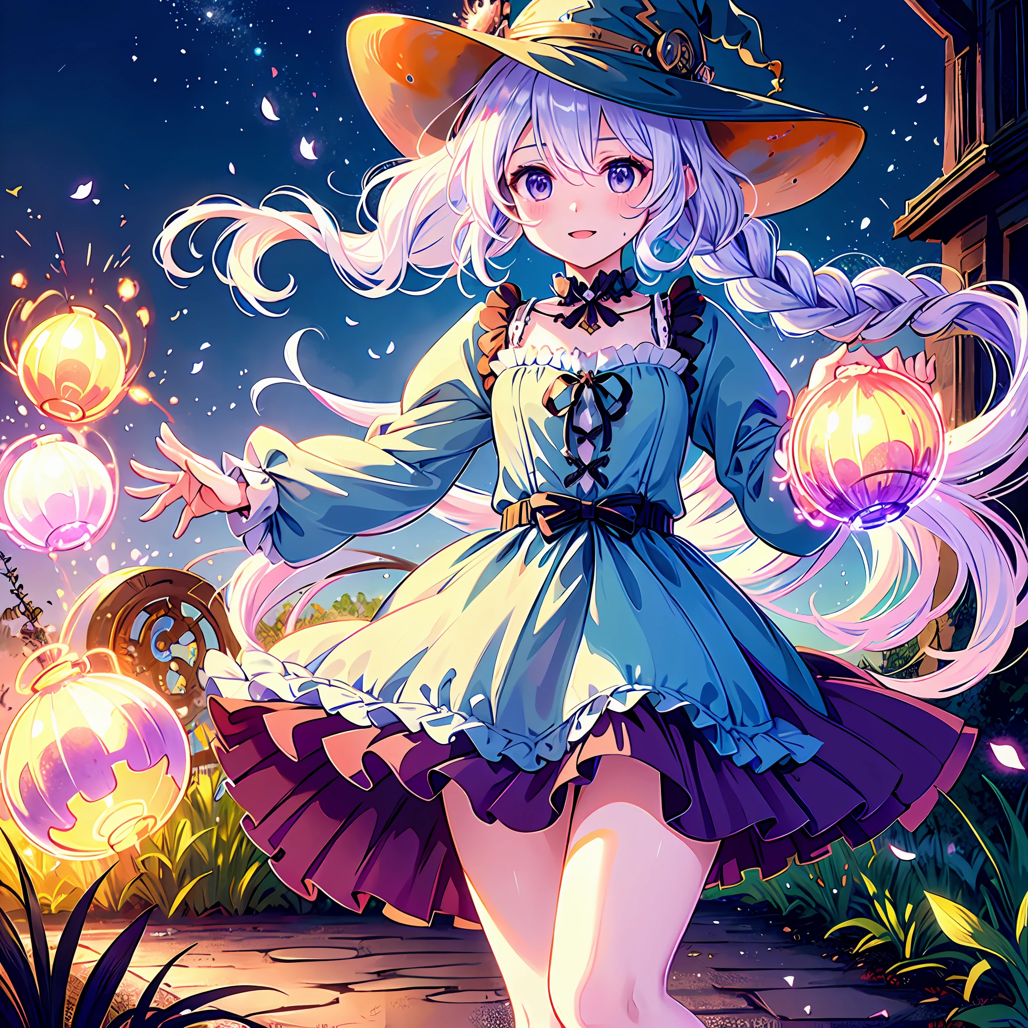 head portrait， witch girl，The Witch，cloaks，Magic Array，The action of casting，Grotesque，Highest image quality，tmasterpiece，Beautiful CG，Delicate and intricate hair accessories 16k，Beautiful and moving girl，Hair fluttering，Eyes are pure and clear，Smiling slightly，Gorgeous and sophisticated Lolita dress，Close-up，Heads-up，Colorful，Witch hat，dual horsetail，Highest image quality，tmasterpiece，Beautiful CG，White twisted braid、long  skirt，Delicate and intricate crystal hair accessories，high light，The petals wither and fall off，Celebrate Halloween，Rich in graphics、Absolutely beautiful，Attractive cleavage，Impeccable，Dreamy retouching、hyper HD、16k，（++steampunc：1.9++）,white long curly hair，Jewel-like purple eyes，disconsolate，Exquisite and gorgeous dresses，Sense of brokenness，blossoms，highest  quality，tmasterpiece，A masterpiece，extreme hight detail，Peerless beauty，8K，Gorgeous light and shadows，Messy hair，sophisticated haircut，Delicate portrayal of facial features，Delicate hair portrayal，（Original Drawing），（++++++++Watercolor blending：1.1+++++++），flowy，Eau，foamy，steampunc,（+++Complete hands：2+++），（+Gear 1.9+），((((steampunc：2))))，((((Witch hat：2))))，steampunc，metals，(((Whole body diagram：1.9)))，Skeleton gear skirt brace，Large skirt，opulent，nobles，Delicately depicted hands，A masterpiece，4k画质，Extremely detailed portrayal，Extremely delicate picture，one-girl，（Princess dress），（（Crinoline skirt）），（White twisted braid），Wear a bow on your head，largeeyes，Purple eye，Gothic，（（Witch hat）），Waist seal，Gothic，Large skirt，adolable，a beauty girl，paper lanterns，Puff sleeves，Puffy skirt，full bodyesbian，Functional windproof jacket，steampunc，Background with（eventide，remnants，evening light