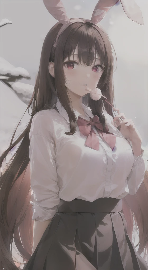 One woman, brown hair, long flowing hair, wearing bunny headband, biting candy, white shirt, pink bow tie, black skirt with moon stars, red eyes, snow rabbit ears, realistic, ultra detailed, 70mm lens