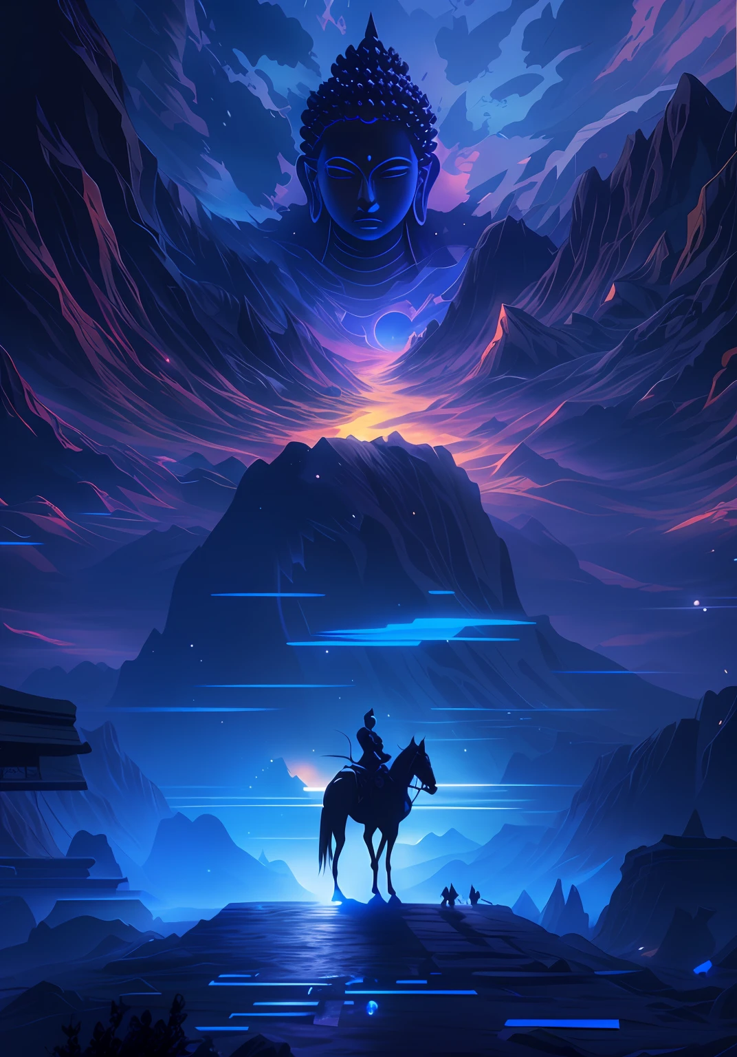 the night,nigth,Blue picture,Dimly lit,,There was a man riding a horse in the desert, Anime epic artwork, Epic fantasy digital art style, Anime art wallpaper 4k, Anime art wallpaper 4 K, Anime fantasy illustration, Anime art wallpaper 8 K, Epic fantasy art style, 4K anime wallpaper, Epic fantasy art style HD, Anime fantasy artwork, 2. 5 D CGI anime fantasy artwork,In the distance, There is a huge Buddha statue in the sky