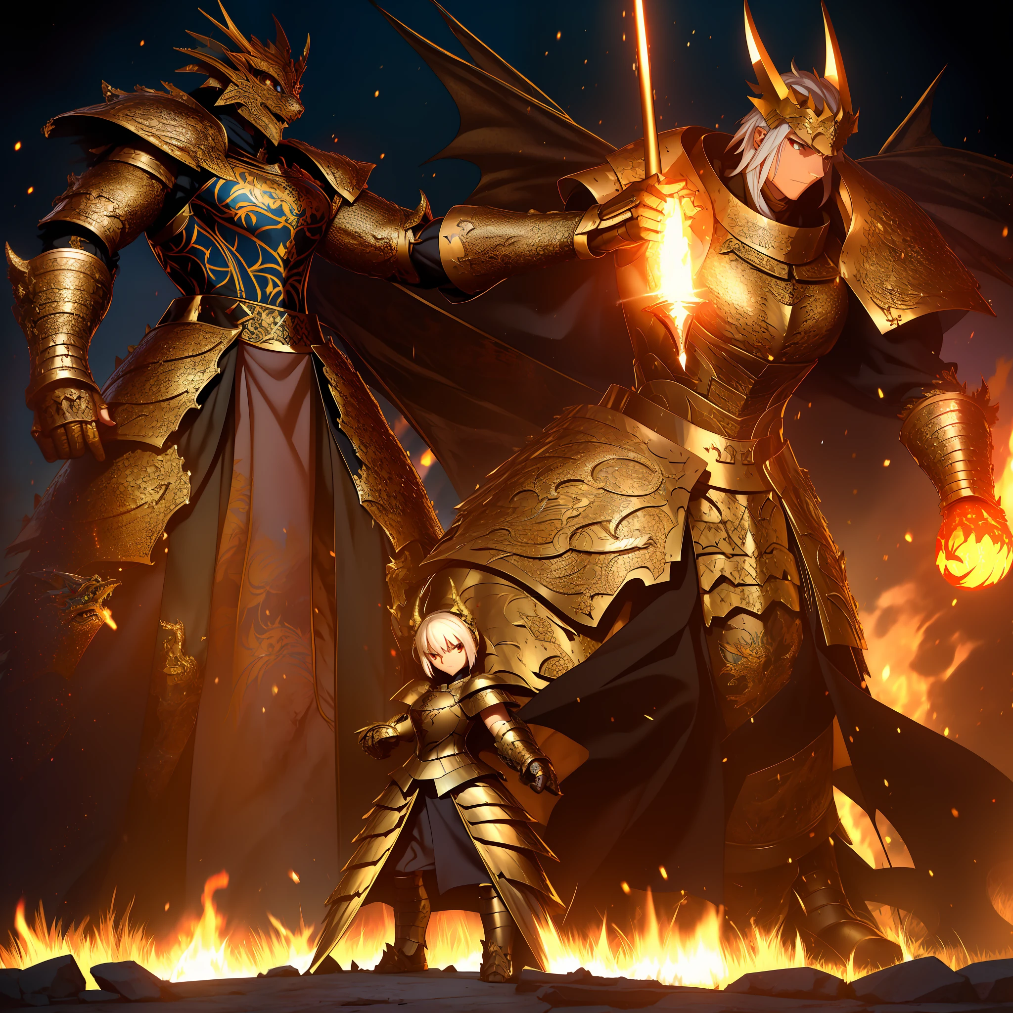 Tall and strong,Inverted triangle figure,Wear ornate medieval armor, hyper-detailed fantasy character, Stunning armor, on an epic intricate oroboros, intricate bronze armour, unreal engine rendered, Half-dragon in ancient armor,The body is covered with scales,Dragon horns on the head,The whole body burned with flames,In his left hand he holds a huge hammer