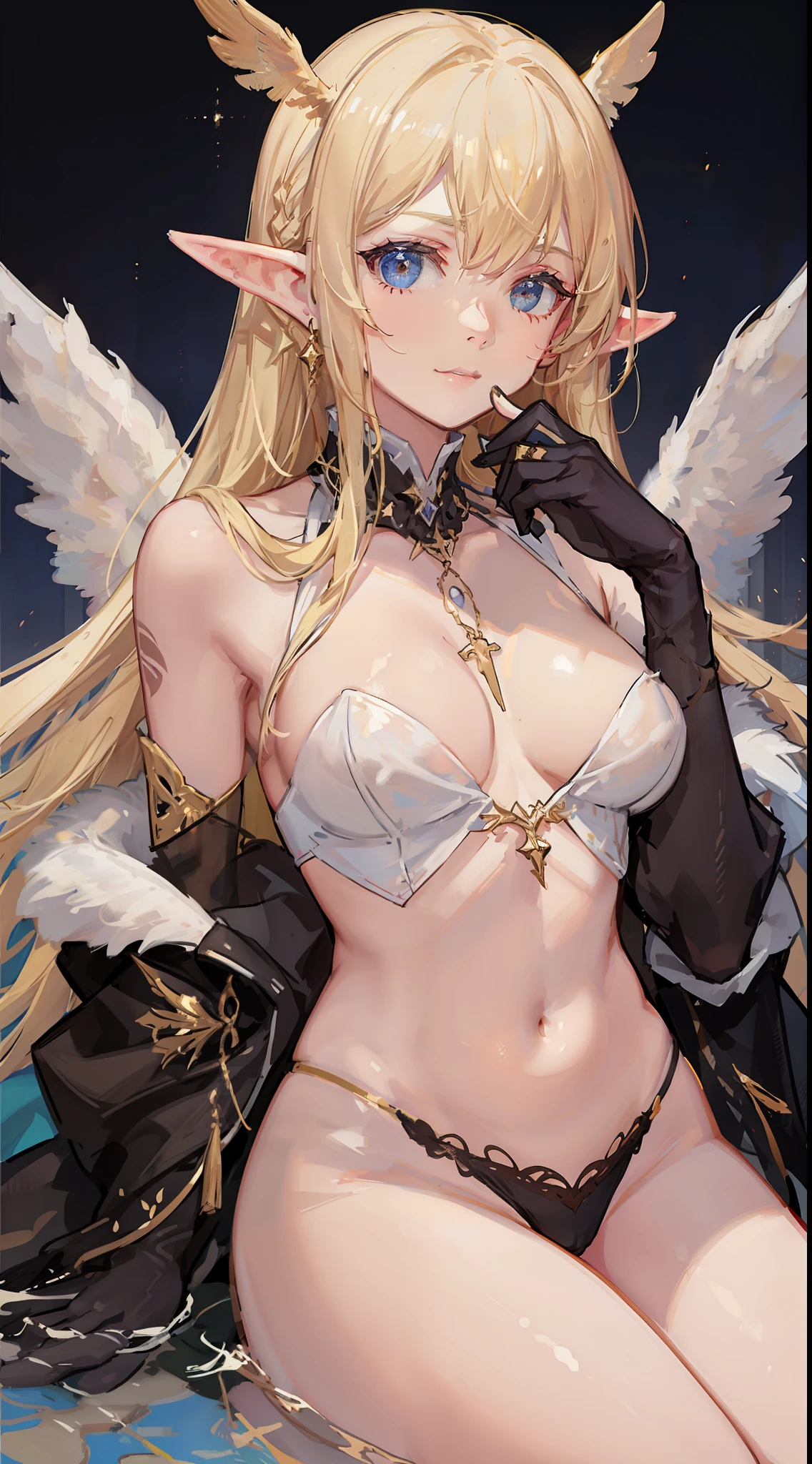 young girl, longue blonde hair, elf ears, white eyes, angel wings, Naked, gold tattoos, Masterpiece, hiquality