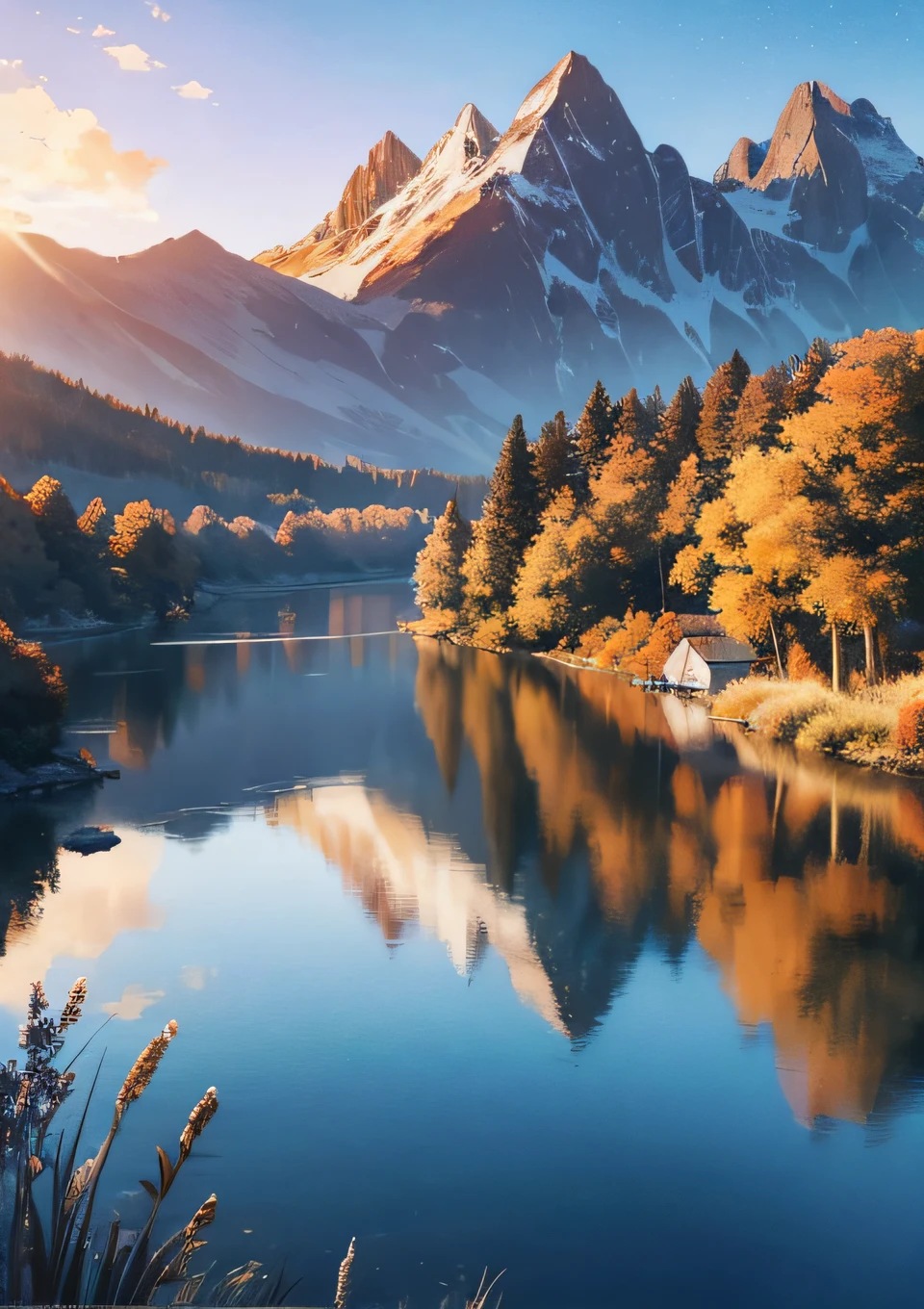 独奏, tmasterpiece, best qualtiy, ultra - detailed, illustratio, ink, beautiful detailed water,intricately details, Fluttering detailed splashes, A high resolution, Detailed light, (without humans:1.5), 独奏, autumnal, (the sunset:1.4), (Orange and deep blue sky), sunny clear sky, (Starting below:0.4), (phragmites:1.5), darkly, Reflectors, lake, phragmites, mountains in the distant, naturey, Rochas, precipice, rios, Clouds and stars, Clouds between mountainsides, sunny clear sky, far off,