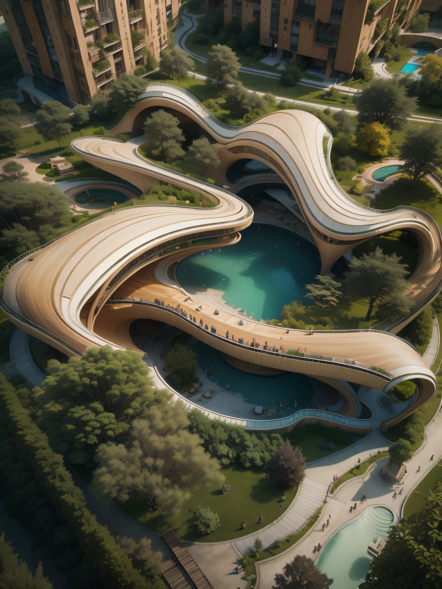 Realistic photo of innocense residential wooden by Zaha Hadid design ::1.6 With pools and gardens. crease surface, sinuous. Cinematic, Photography, Ultra - Wide Angleб hyper - detailed, insane details, intricate details, beautifully color graded, Unreal Engine ::1