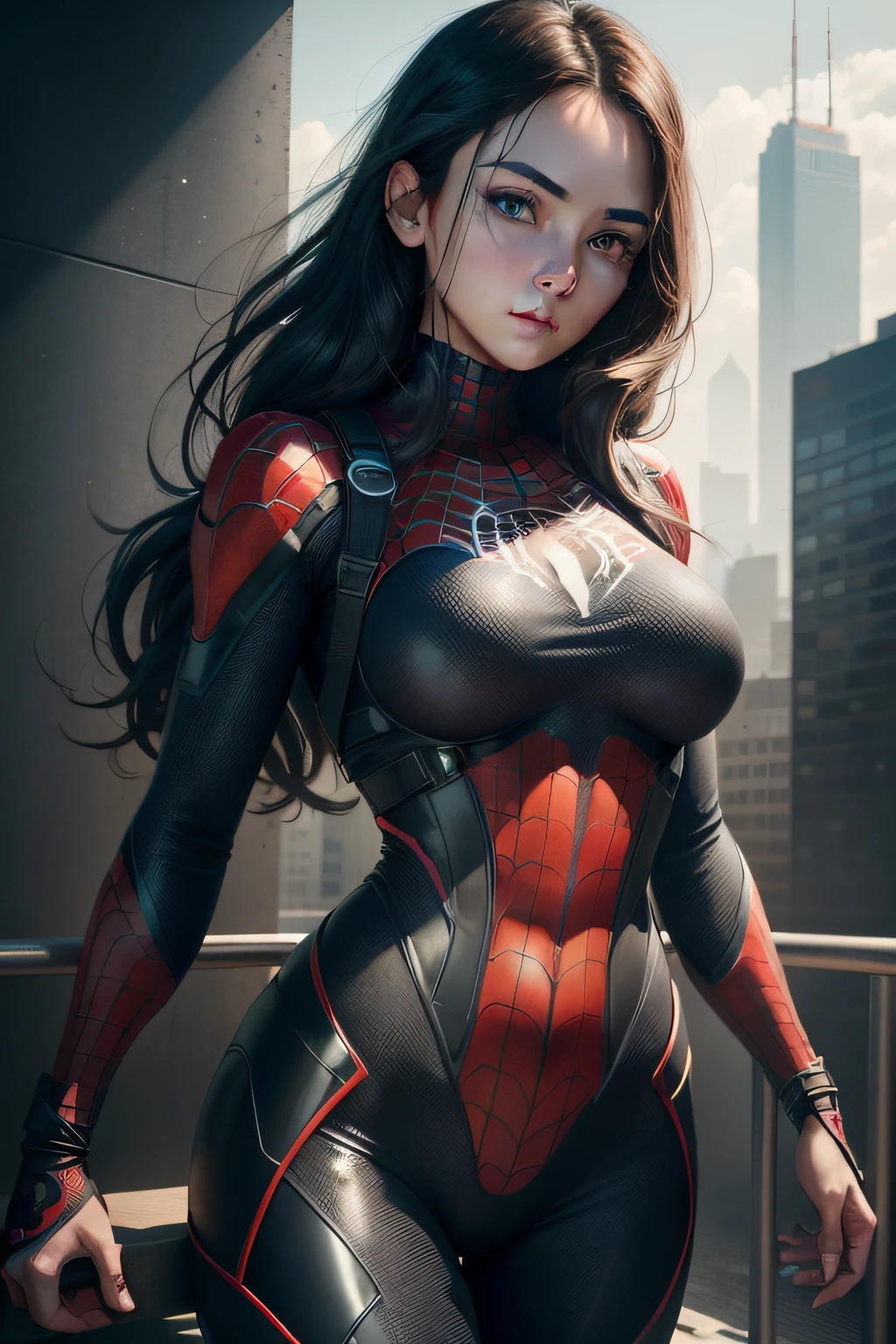 (1girl:1.3), Solo, (((Very detailed face)))), ((Very detailed eyes and face)))), Beautiful detail eyes, Body parts__, Official art, Unified 8k wallpaper, Super detailed, beautiful and beautiful, beautiful, masterpiece, best quality, original, masterpiece, super fine photo, best quality, super high resolution, realistic realism, sunlight, full body portrait, amazing beauty, dynamic pose, delicate face, vibrant eyes, (from the front), She wears Spider-Man suit, red and black color scheme, spider, very detailed city roof background, rooftop, overlooking the city, detailed face, detailed complex busy background, messy, gorgeous, milky white, highly detailed skin, realistic skin details, visible pores, clear focus, volumetric fog, 8k uhd, DSLR, high quality, film grain, fair skin, photo realism, lomography, futuristic dystopian megalopolis, translucent