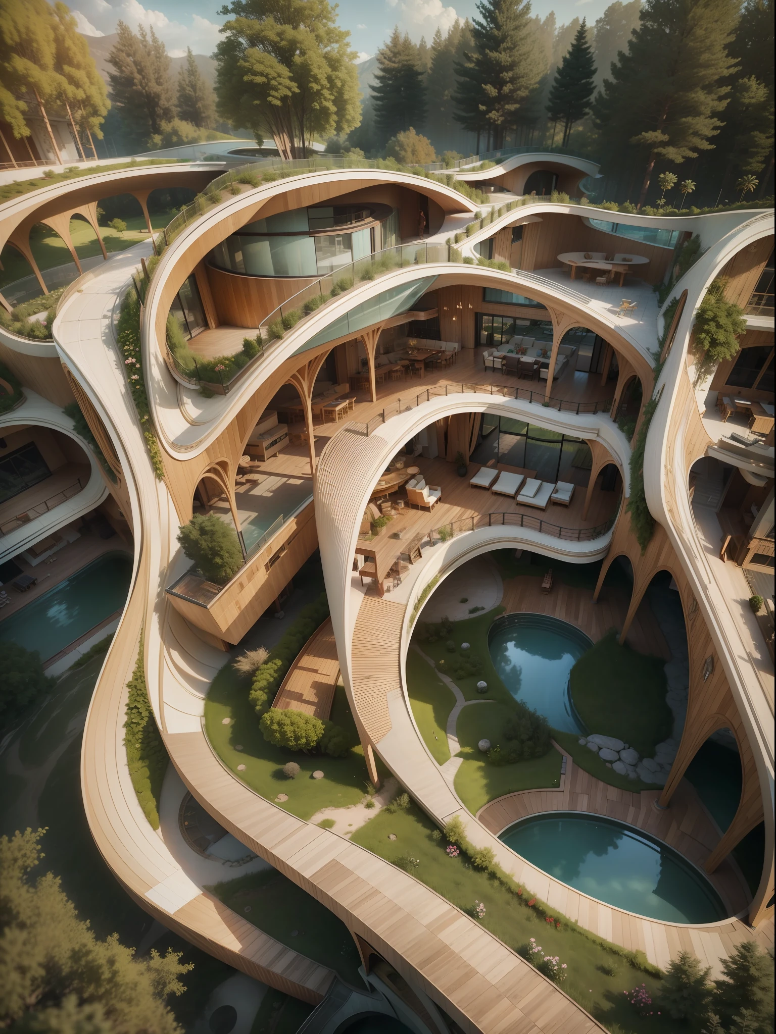 Realistic photo of innocense residential wooden by Zaha Hadid design ::1.6 With pools and gardens. crease surface, sinuous. Cinematic, Photography, Ultra - Wide Angleб hyper - detailed, insane details, intricate details, beautifully color graded, Unreal Engine ::1
