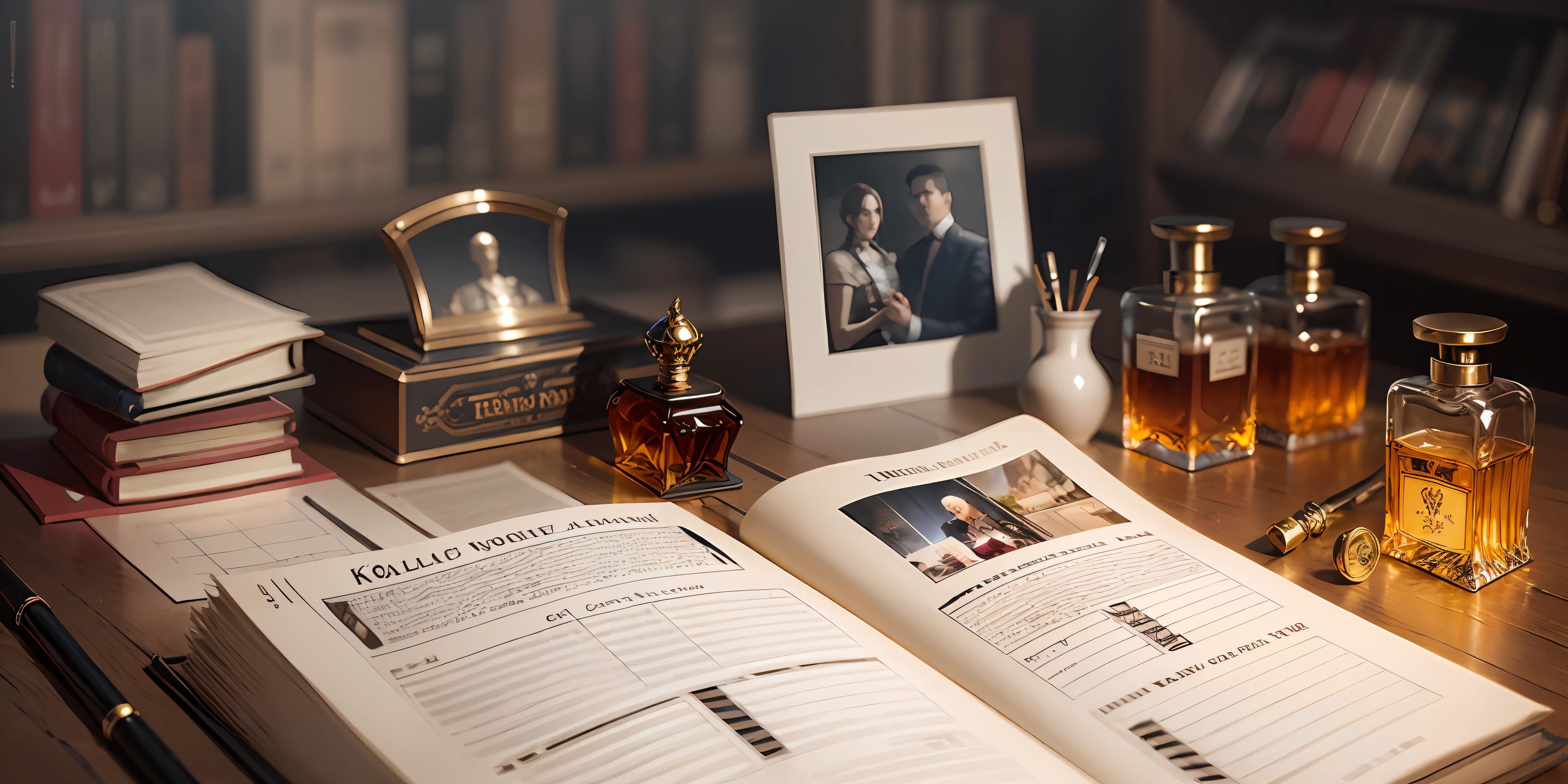 Knolling layout, Many parts, Character sheet, Highly detailed, Depth, No Figures, perfume glass bottle, white rose, book, text, magazine title