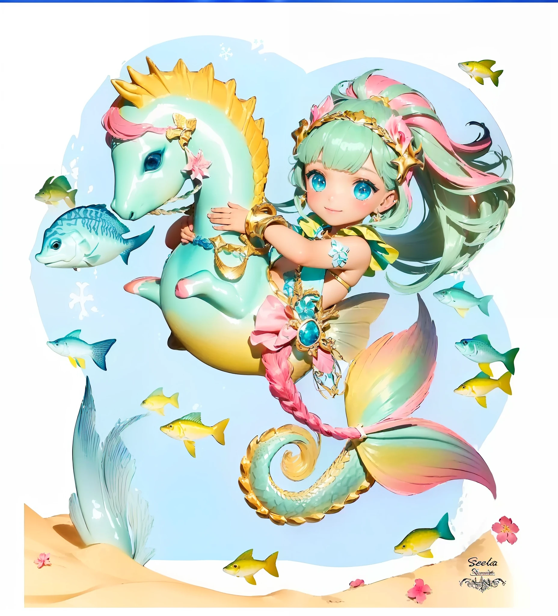 Sereia e cavalo-marinho com peixes e cavalos-marinhos ao fundo, Sereias e peixes, sereia, Merfolk montando cavalos-marinhos, Seahorse, sereia bonita, cavalo-marinho, Sereias, Pequena Sereia, uma sereia no mar, cavalos-marinhos, ilustrado em estilo caprichoso, full-colour illustration, no mar, fantasia colorir, corpo da sereia, Cauda da Sereia, Seapunk