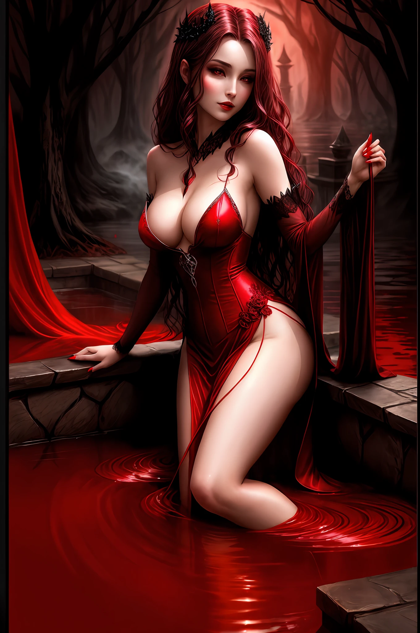 Enchanting and captivating, the alluring vampire queen gracefully emerges from a deep crimson pool of flowing blood