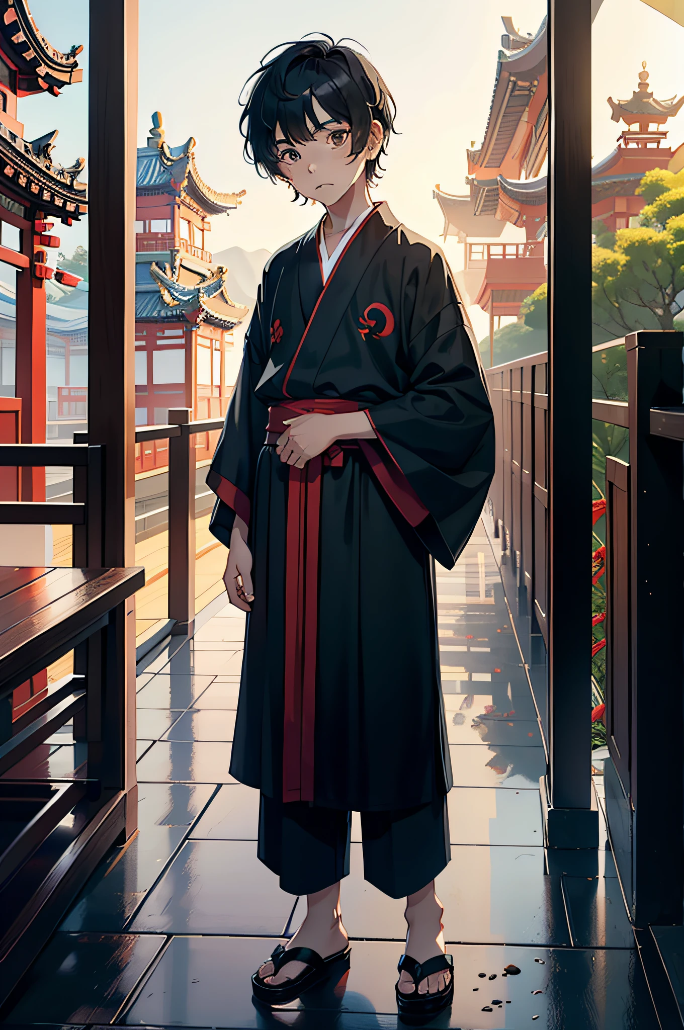 A ten-year-old boy with short black hair wearing a Taoist robe stood at the temple and yelled
