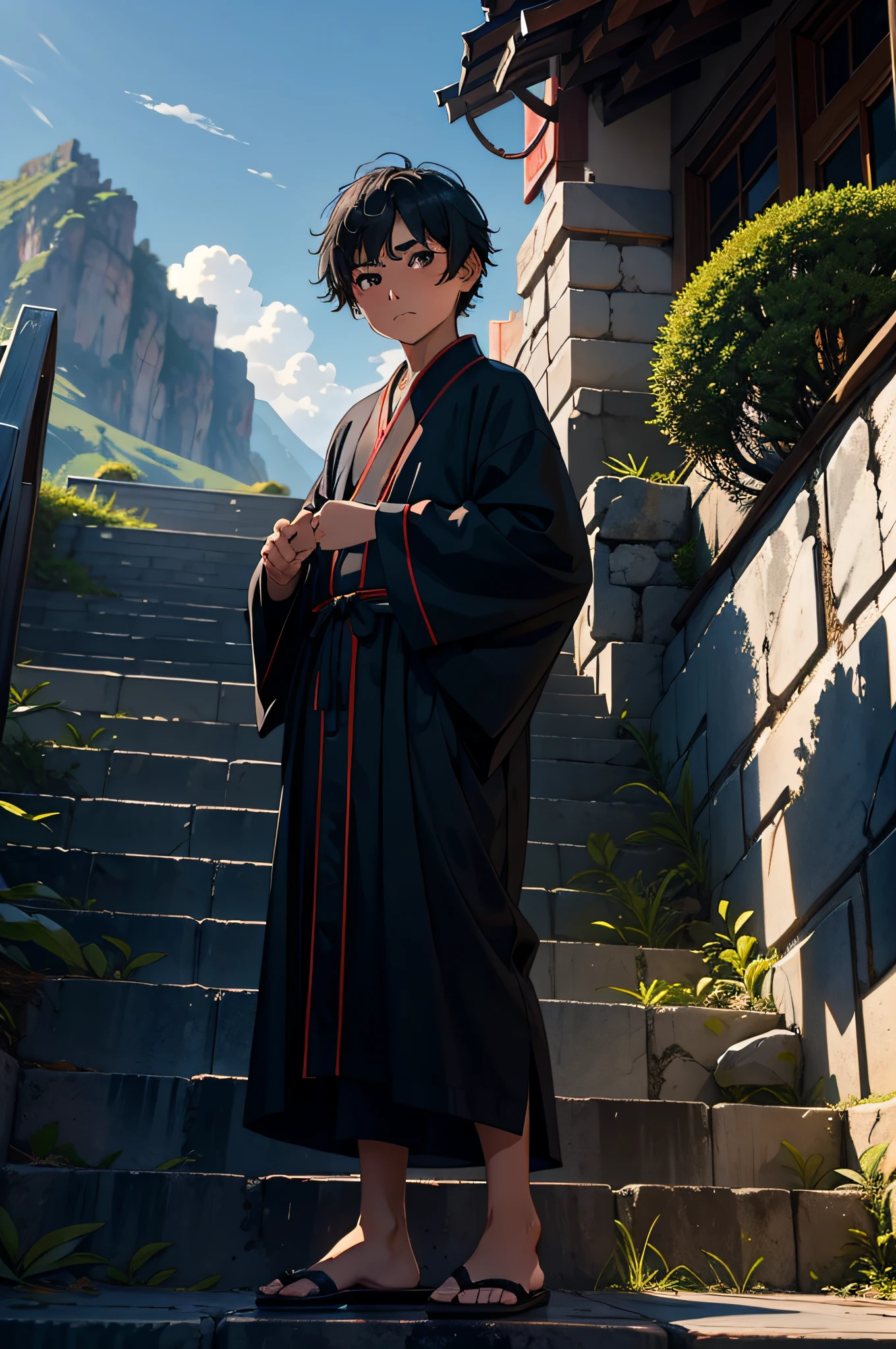 A -yead boyth short black hair wearing a Taoist robe stood on the stairs up the mountain,Speak loudly into the screen