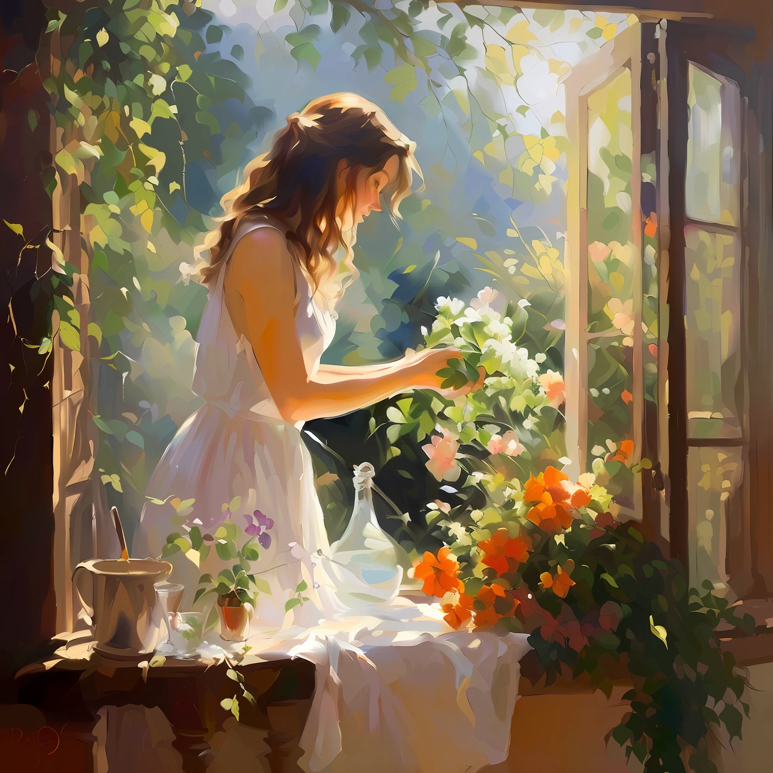 Picture of woman bathed in bright morning sunlight outside window, Painting Vladimir Volegov, Vladimir Volegov, Volegov, Steve Henderson, Daniel Gerkaz, painting of beautiful, summer morning light, Romantic painting, Beautiful oil painting, Away from the window, beautiful digital painting, Summer afternoon, Marek Okon, beautiful digital works of art, Arthurpan