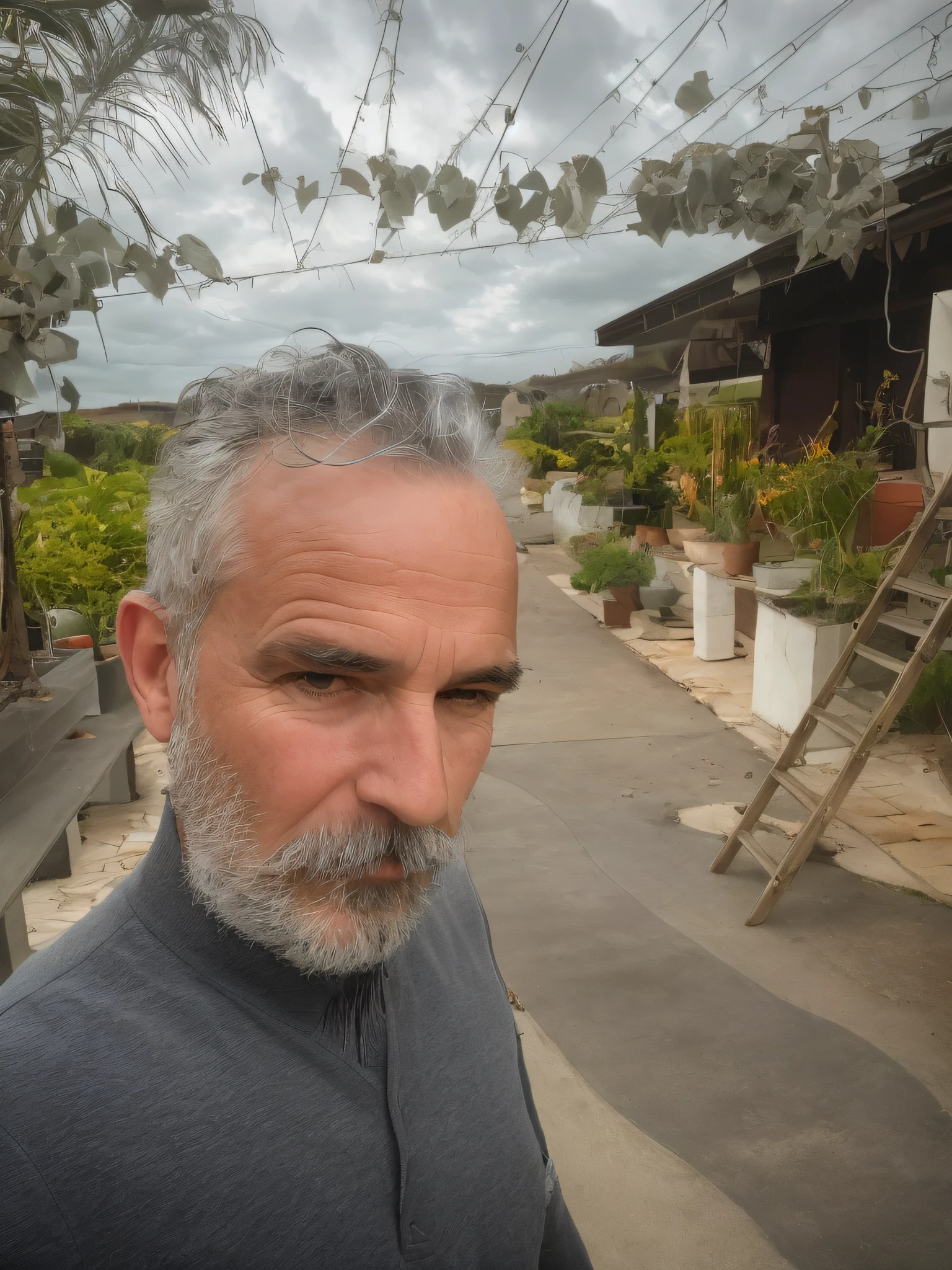 there is a man with a beard and a mustache standing in a driveway, some grey hair in beard, very long silver beard, 8k selfie photograph, he has a beard and graying hair, gray beard, very long white beard and hair, grey beard, old gray hair, long grey beard, 5 0 years old man, grey trimmed beard