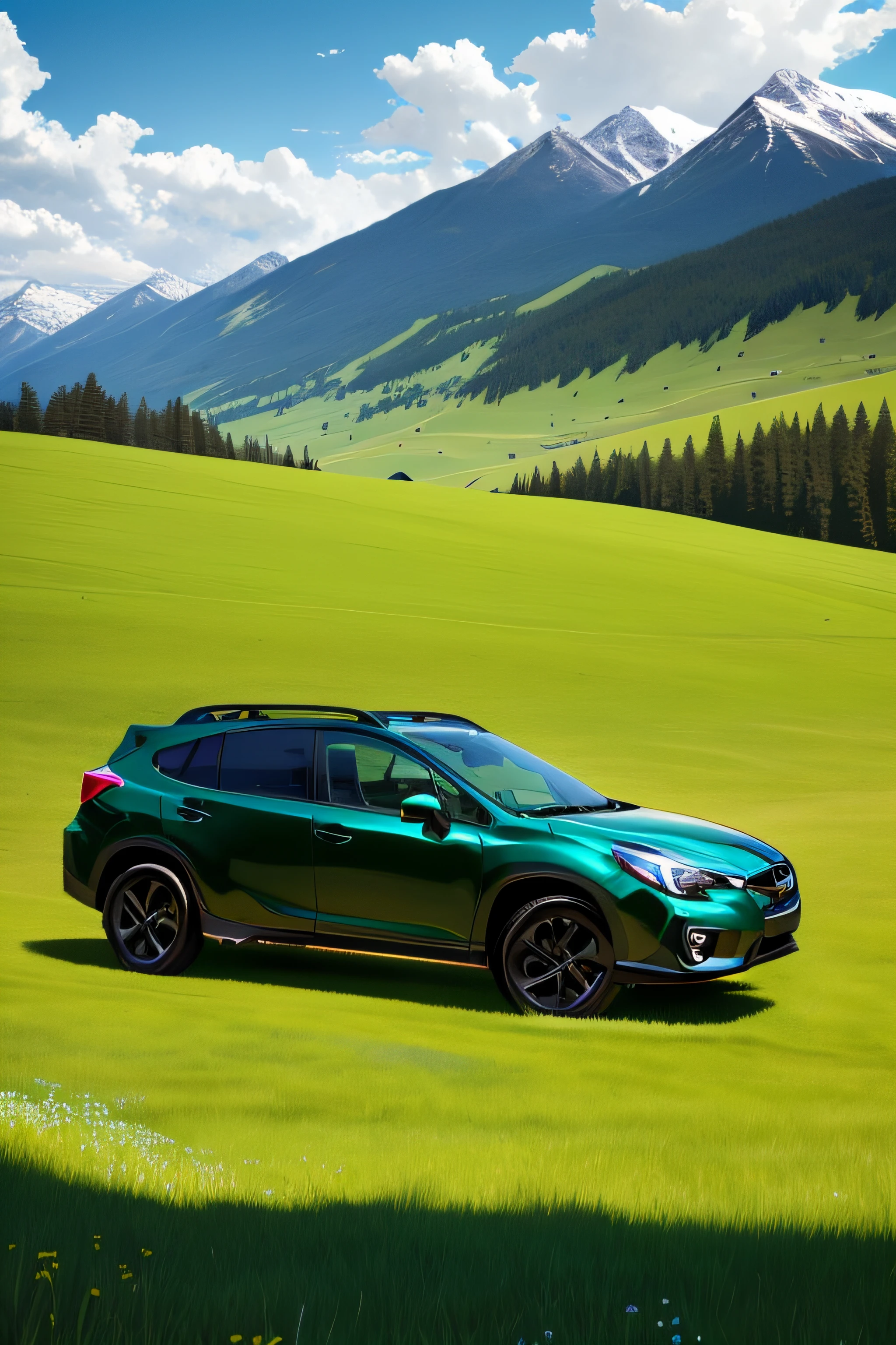 A Subaru driving on green grass,bright weather,Ultra-high-definition graphics,Lush meadows,In the distance is a meadow,Blue sky,Flat steppe,clear blue skies,snow mountains,