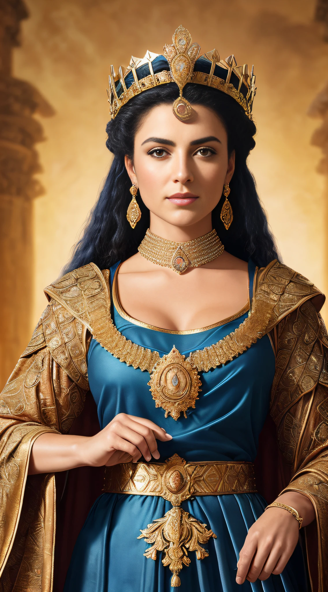 {A majestic Queen Artemisia I of Caria, her regal attire adorned with symbolic military embellishments, her stern gaze embodying her role as a 5th-century BC military commander. The backdrop is a war council, with battle maps and weaponry of the era.}, Realistic Oil Painting, Realism, Art Inspiration from Greg Rutkowski, Camera: 35mm lens, Shot: Medium, Render Information: (high resolution:1.2), (colors: earthy tones with touches of royal blues and gold:1.25), (lighting: ambient light of an indoor setting:1.15), (detail: high level for the complex attire and the background artifacts:1.3)