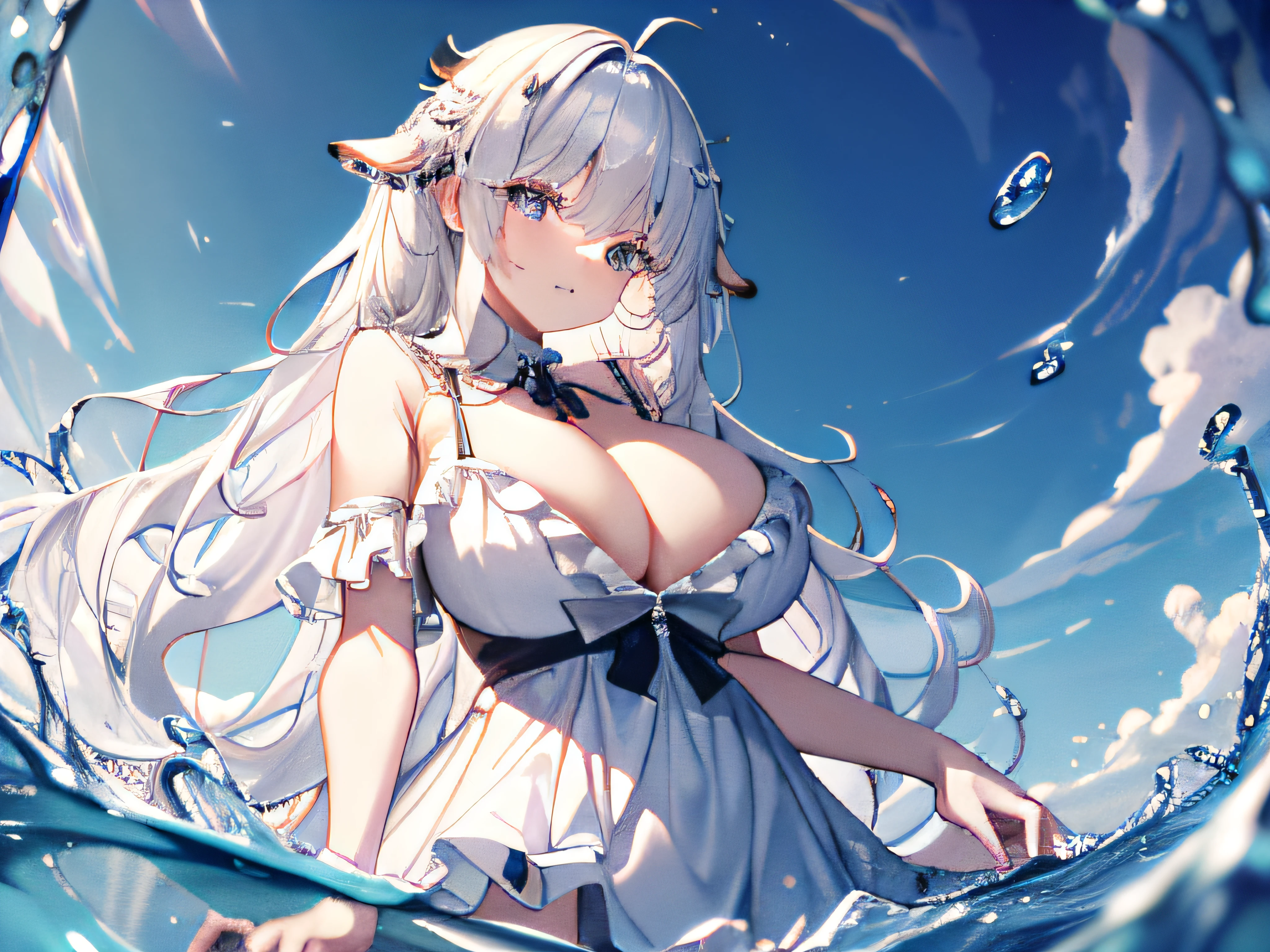 （Background with）， tmasterpiece， best qualtiy， illustration， the wallpaper， hyper-detailing， absurderes，  huge breaavage， 独id hair：1.2）， beatiful detailed eyes，
By bangs， cow boy shot， long whitr hair， magical little girl， whaite， Eau， water dripping， Looks to the side， wading，
（the street：1.5）， suns， mostly cloudy sky，