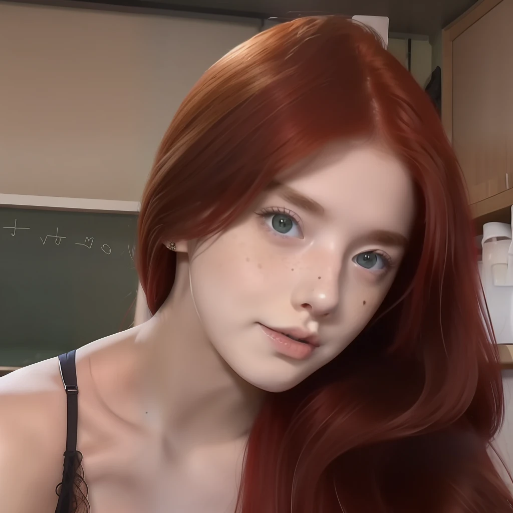 woman, long red hair, green eyes, freckles, detailed face, detailed body, well-defined body, lingerie, in a classroom, very detailed, high detail, masterpiece