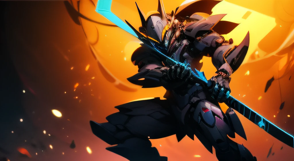 （（tmasterpiece）），（（best qualtiy）），8k，high detal，hyper-detailing，A cool mech wearing a V-shaped helmet，Colorful glowing mech set，Wielding a glowing longsword，Strike a fighting stance，Close-up Shot Shot。In the background，There are many monsters lurking in the smoky atmosphere。