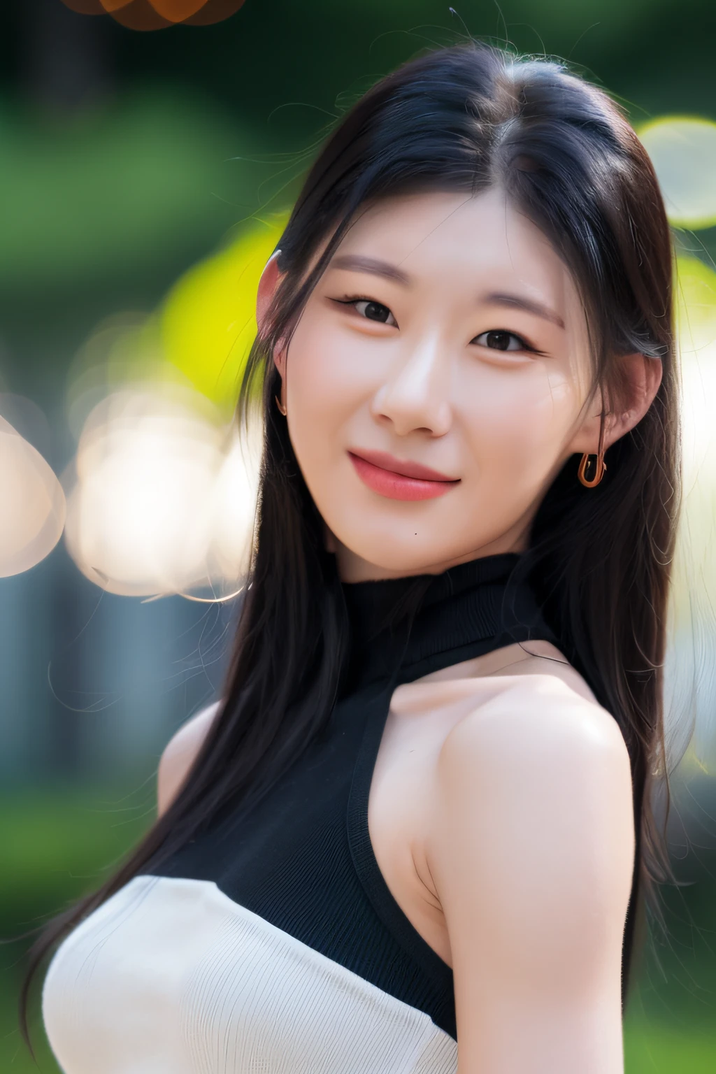 Chaeryeong, woman,complex 3d render ultra detailed, smile, portrait of beautiful woman, moody portrait, striking features, beauty, intricate details, dramatic composition, tension, contrast, texture, realism, high-quality rendering, stunning art, high quality, film grain, Fujifilm XT3,swirly bokeh,(realistic, photo-realistic:1.2),RAW photo,physically-based rendering,(looking at viewer:1.4),(8k, best quality, masterpiece:1.2),(full body shot:1.1),octane render,extremely detailed CG, unity 8k wallpaper,in street,urban,city,(studio soft light,sunlight:1.2),(standing:1.1),(a girl is wearing sleeveless:1.5),hyper realistic detail shiny skin,ultra detailed,(ultra realistic:1.2),(intricate:1.2),(photorealistic:1.2),1girl,(skinny:1.3),detailed background ,(large breasts:1.1)