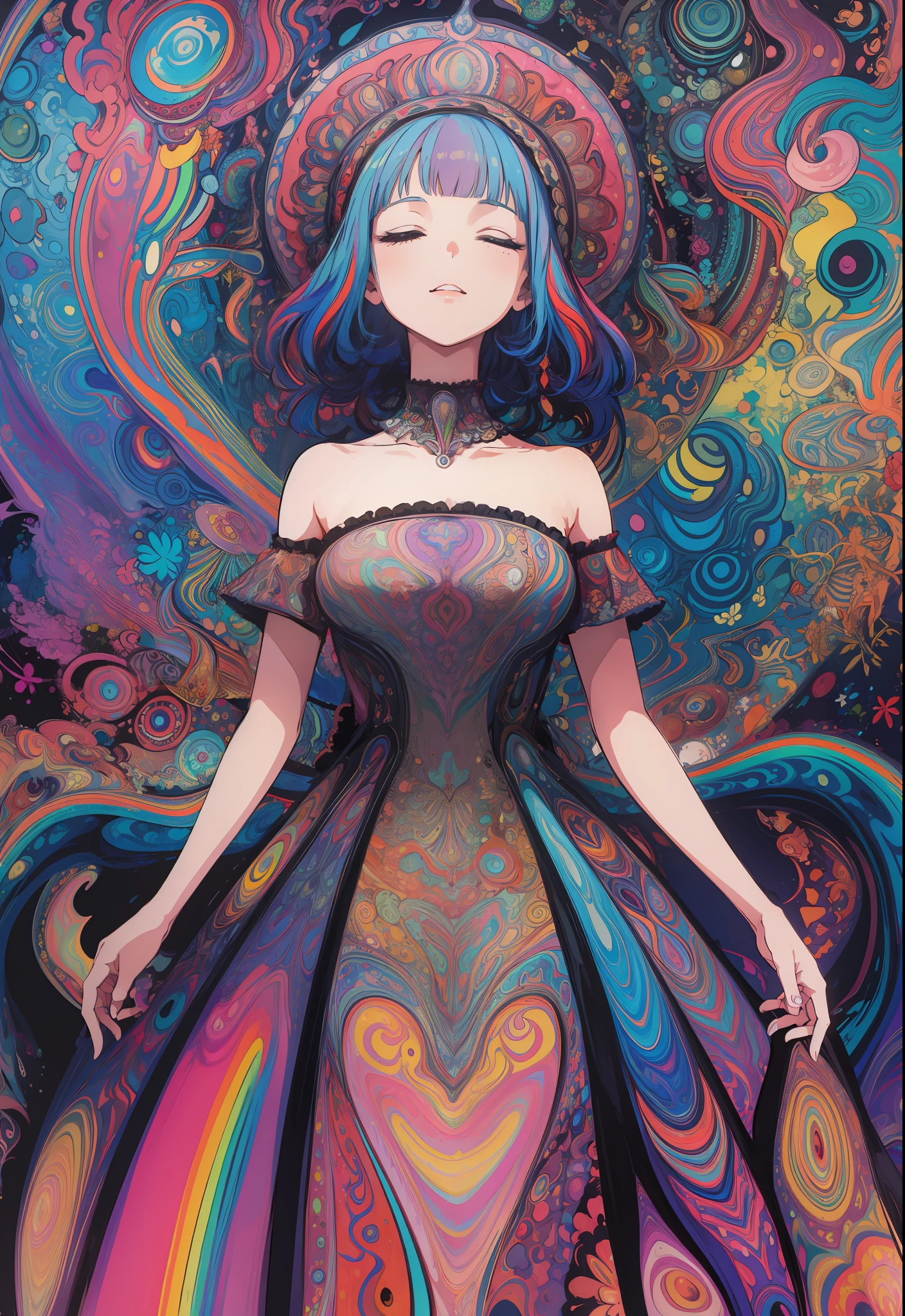 (psychedelic art:1.5), (from below:1.2), intricate dress, upper body, closed eyes,