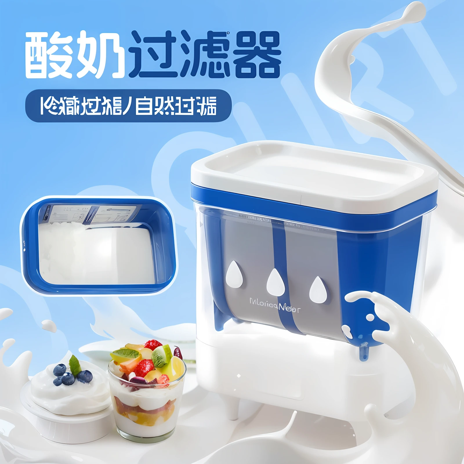 There is a picture of a yogurt maker holding a bowl of fruit, Official product image, product - view, Product photo, product introduction photos, Wang Chen, product introduction photos, product image, product image, Official product photo, List image, milk, blender, yogurt, ProductAdvertisements, freezing, blue transparent jelly, watercore, delicacy, product，Milk wraps the yogurt maker，Silky，Hyper-realistic