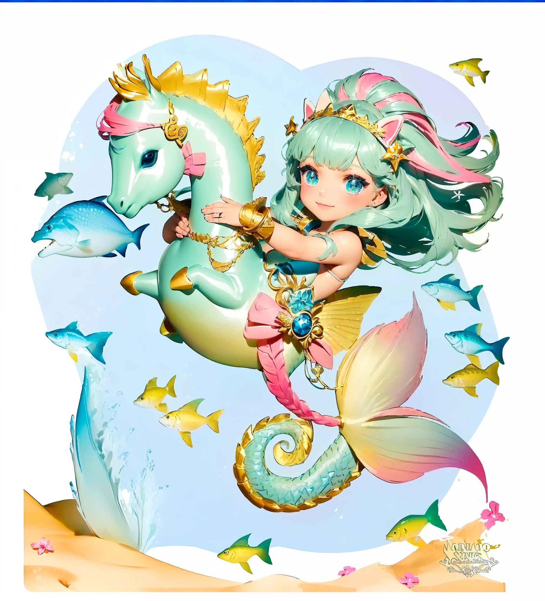 Sereia e cavalo-marinho com peixes e cavalos-marinhos ao fundo, Sereias e peixes, sereia, Merfolk montando cavalos-marinhos, Seahorse, sereia bonita, cavalo-marinho, Sereias, Pequena Sereia, uma sereia no mar, cavalos-marinhos, ilustrado em estilo caprichoso, full-colour illustration, no mar, fantasia colorir, corpo da sereia, Cauda da Sereia, Seapunk