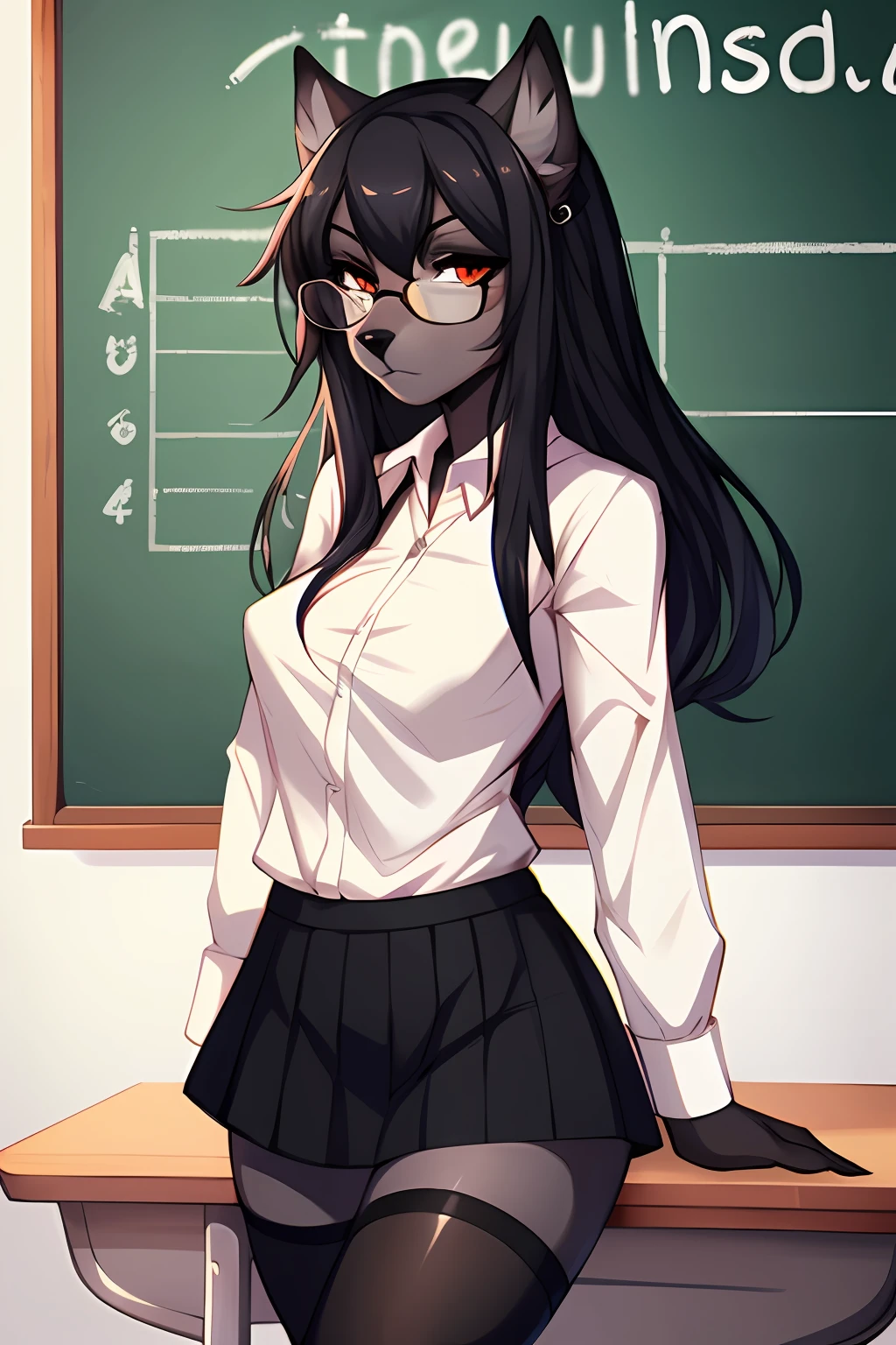 Solo, (by hyattlen, by fumiko, by marblesoda:1.2) a black female anthro furry wolf girl, (black furry body:1.2), very long black hair, wearing a button up white shirt, long black skirt, wearing glasses, serious look on face, thick thighs, leggings, high heels,standing in a classroom, in front of a chalkboard, masterpiece, (cute snout:1.2) black nose