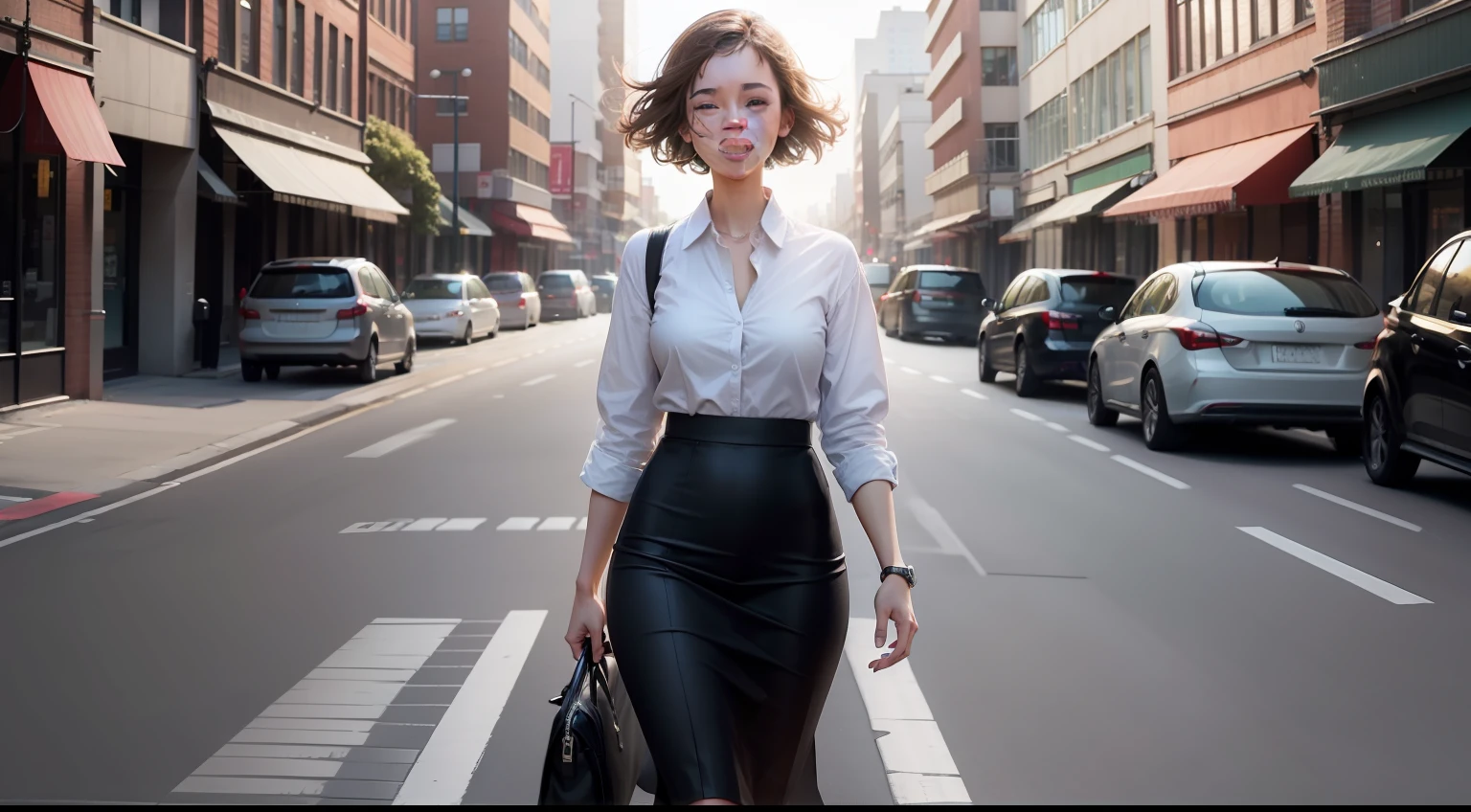 A girl walking down the road is very happy white-collar workers