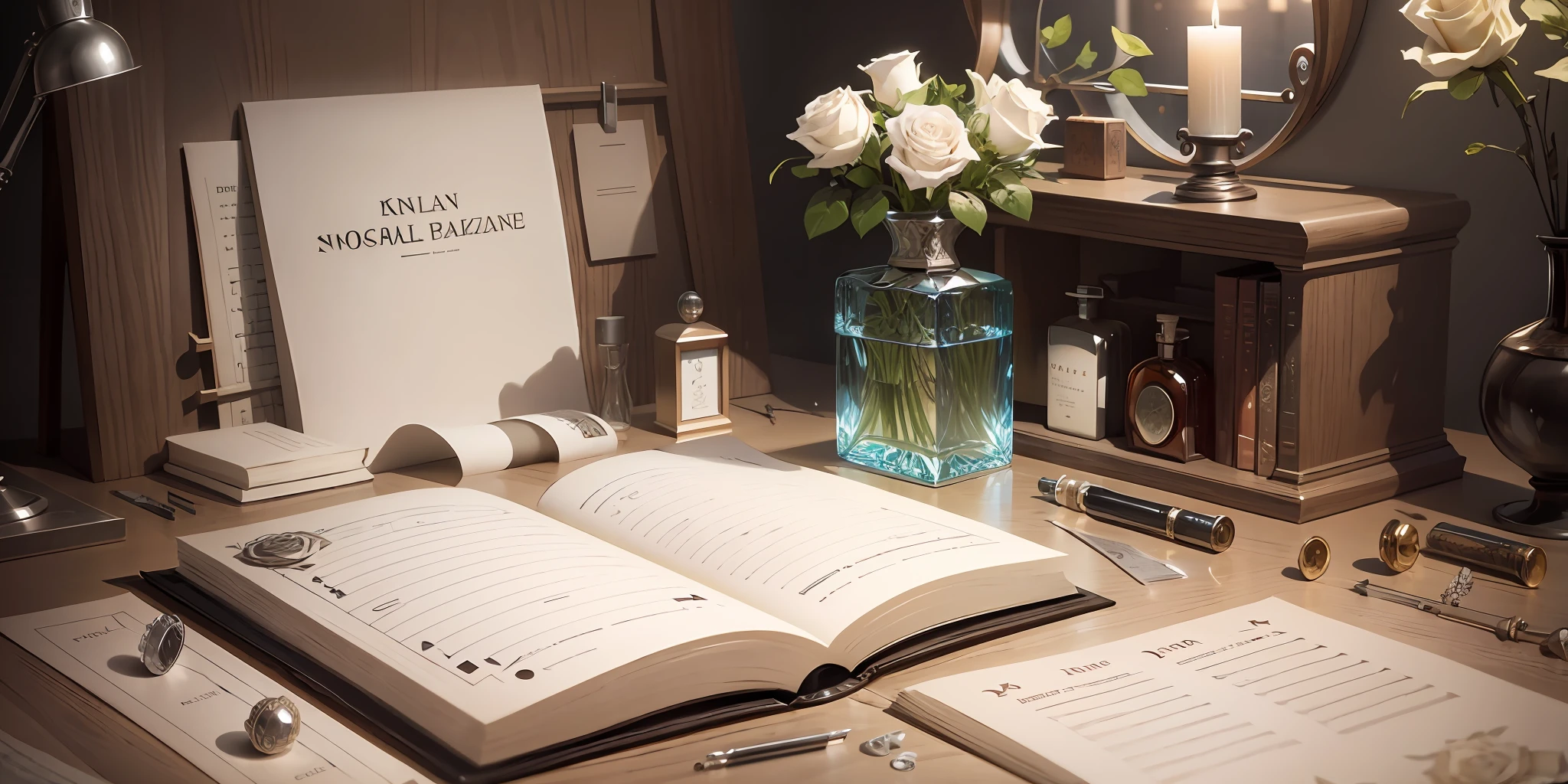 Knolling layout, Many parts, Character sheet, Highly detailed, Depth, No Figures, perfume glass bottle, white rose, book, text, magazine title
