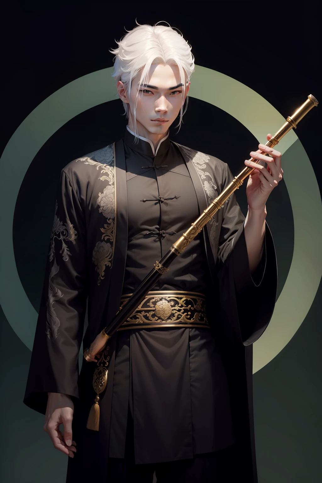 China-style,Young man with white hair,Black moire robe,Hold a dark green hole flute in your hand