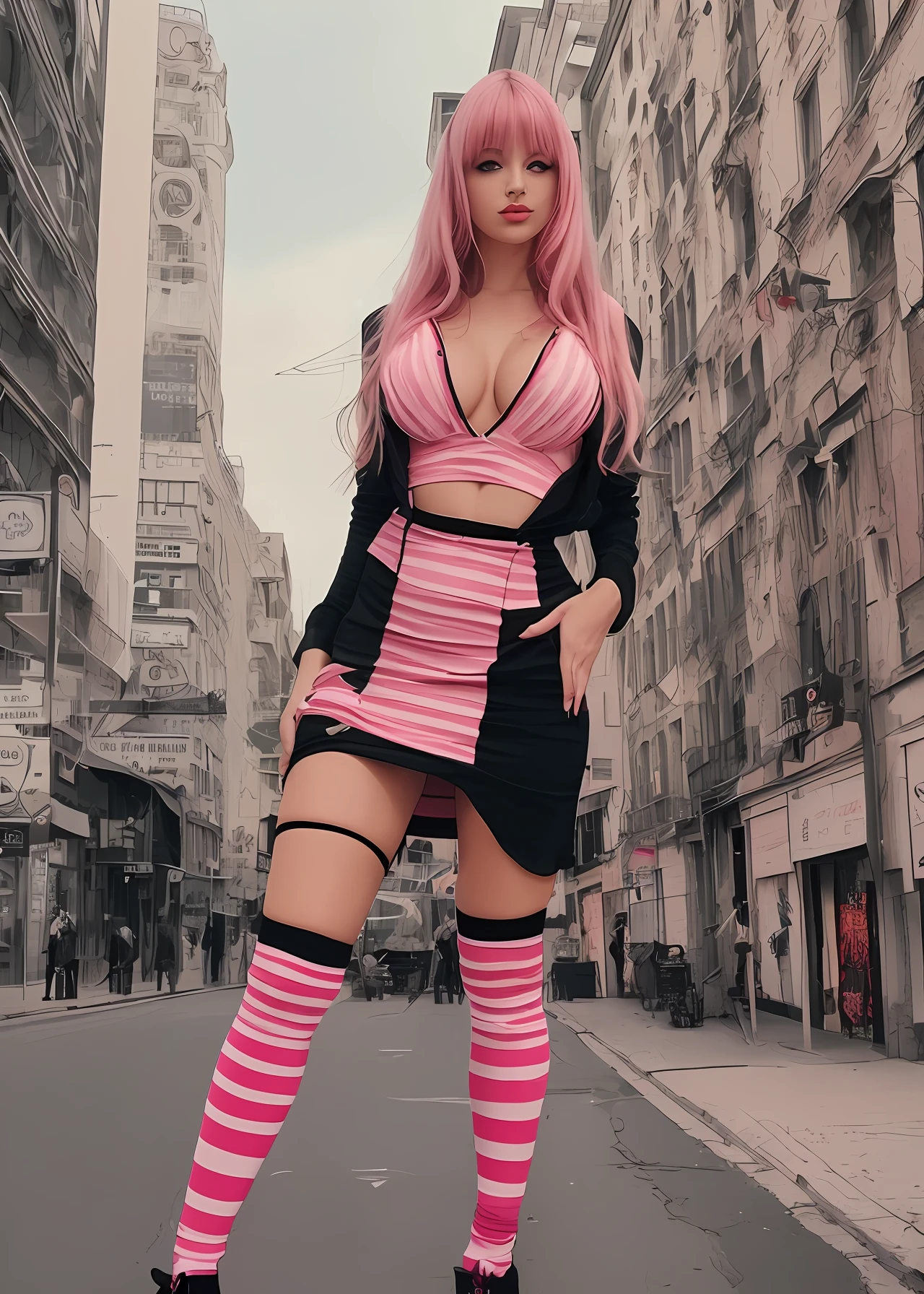 sexy  full  body Human Anatomy, insanely beautiful woman, cleavage, wide hips,stunningly beautiful perfect body curve, knee socks two colors jail type black and pink stripes, long pink hair, black mini dress, big red eyes, in a big night city ,nice shoes