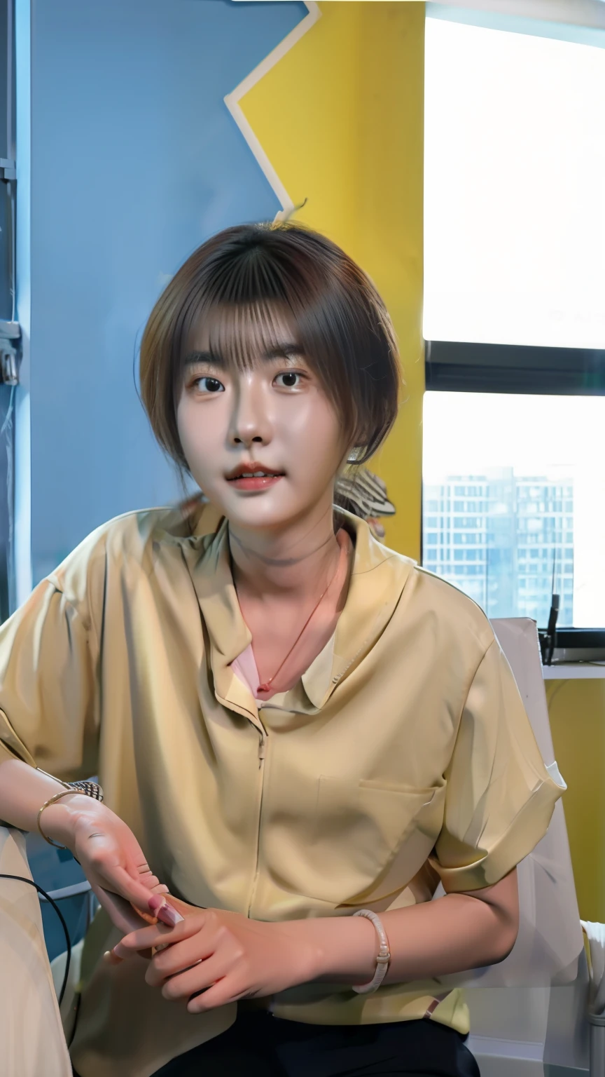 Woman sitting at desk,Laptop and a yellow wall in hand, janice sung, Kim Tae-joon, Choi Hyun-hwa, A young Asian woman, jiyun chae, jaeyeon nam, korean artist, sangsoo jeong, sun yunjoo, Kim Hyun-joo, Zhang Wanting, Young Asian woman, Gemma Chen, lulu chen, photo of young woman