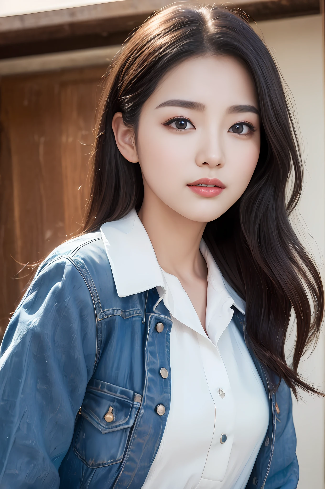 ((best qualtiy、8k masterpieces:1.3))、foco nítido:1.2、(ultra beautiful faces:1.0)、(shinny skin:1.0)、photos realistic、A dark-haired、Video Lighting、High-definition eyes and face、Video Lighting、(cowboy shot:1.3)、(Korean Cute Actress)、from the front side、medium large breasts、ssmile、((fullnude))