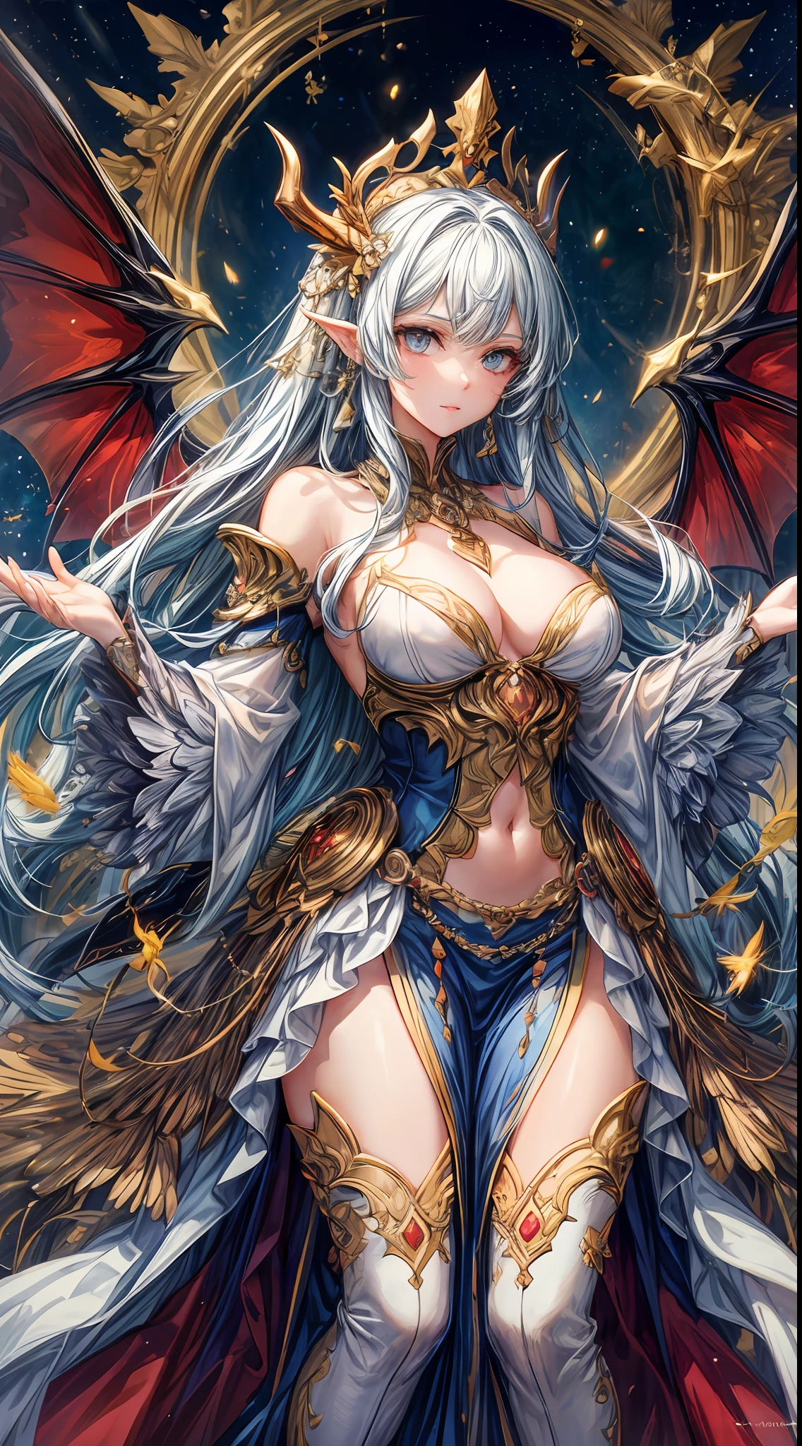 In the realm of majestic beings, the Dragon Queen reigns with a regal and commanding presence. Her eyes, a mesmerizing hue of iridescent gold, hold the wisdom and fire of ancient dragons. Crowned with elegant horns, she embodies the power and nobility of her draconic lineage. A magnificent pair of wings, spanning vast distances, exude an aura of awe-inspiring authority. Clad in resplendent regalia befitting her royal status, she represents the epitome of grace and strength. With an unwavering charisma and the roar of a thousand dragons, she stands as a revered leader, guiding her subjects and ensuring the prosperity of her realm. A symbol of power and magnificence, she commands admiration and respect from all who have the privilege of standing in her presence.