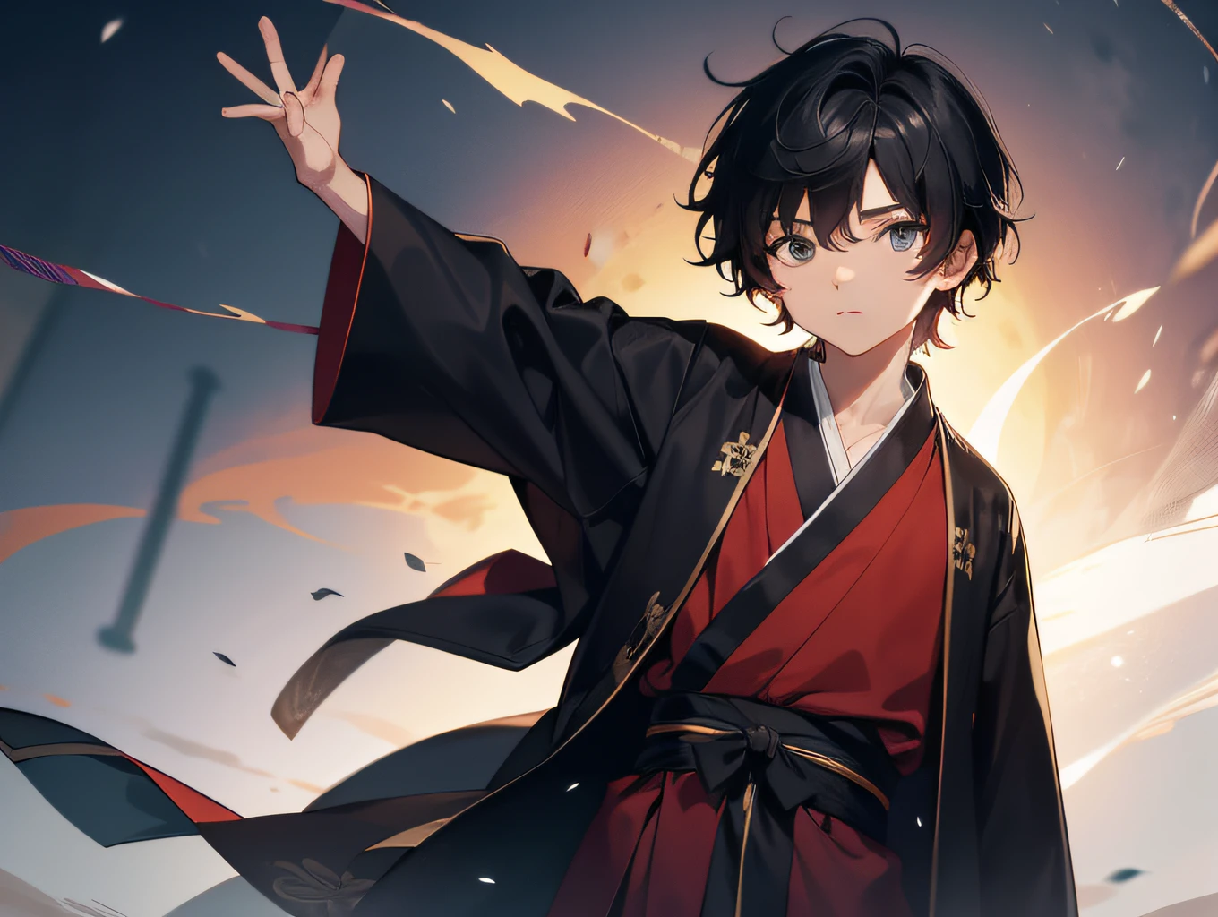 A ten-year-old boy with short black hair wearing a Taoist robe