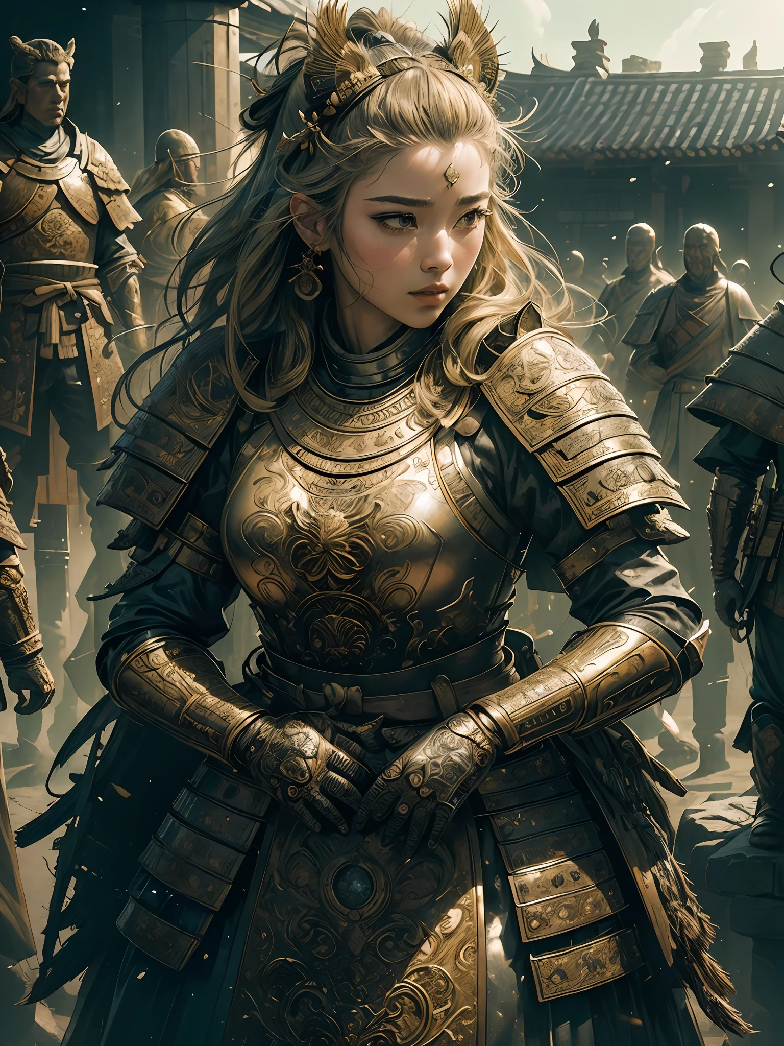 ((masterpiece))), (((best quality))), ((ultra-detailed)), (hyperrealistic), (highly detailed photo), natural lighting, photorealistic, extremely beautiful young lady, light makeup, intricate detailed eaba, samurai, shining, gloss, crisp, flirty, statues, epic, focus, high contrast