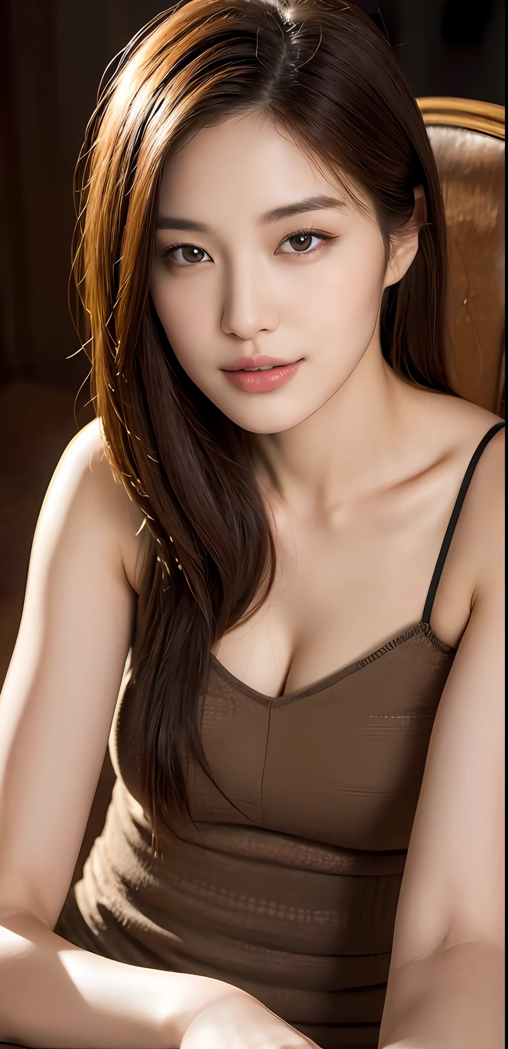 ((top quality, 8k, masterpiece: 1.3)), beauty, 1 girl, beautiful: 1.3, slender abs: 1.1, dark brown hair, (sitting on the chair, legs open: 1.2), ultra detailed face, highly detailed lips, detailed eyes, double eyelids, face focus, smirk