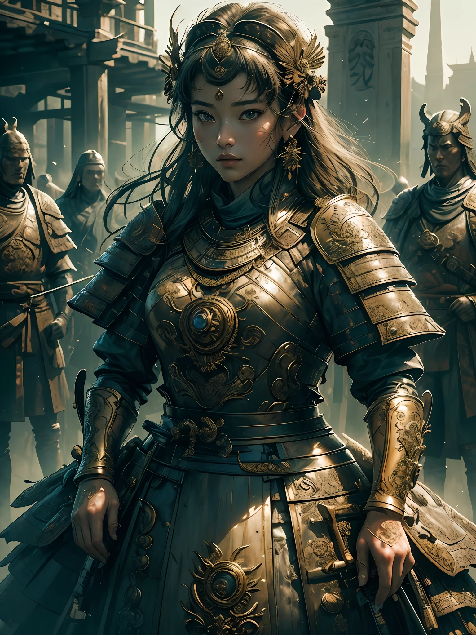 ((masterpiece))), (((best quality))), ((ultra-detailed)), (hyperrealistic), (highly detailed photo), natural lighting, photorealistic, extremely beautiful young lady, light makeup, intricate detailed eaba, samurai, shining, gloss, crisp, flirty, statues, epic, focus, high contrast