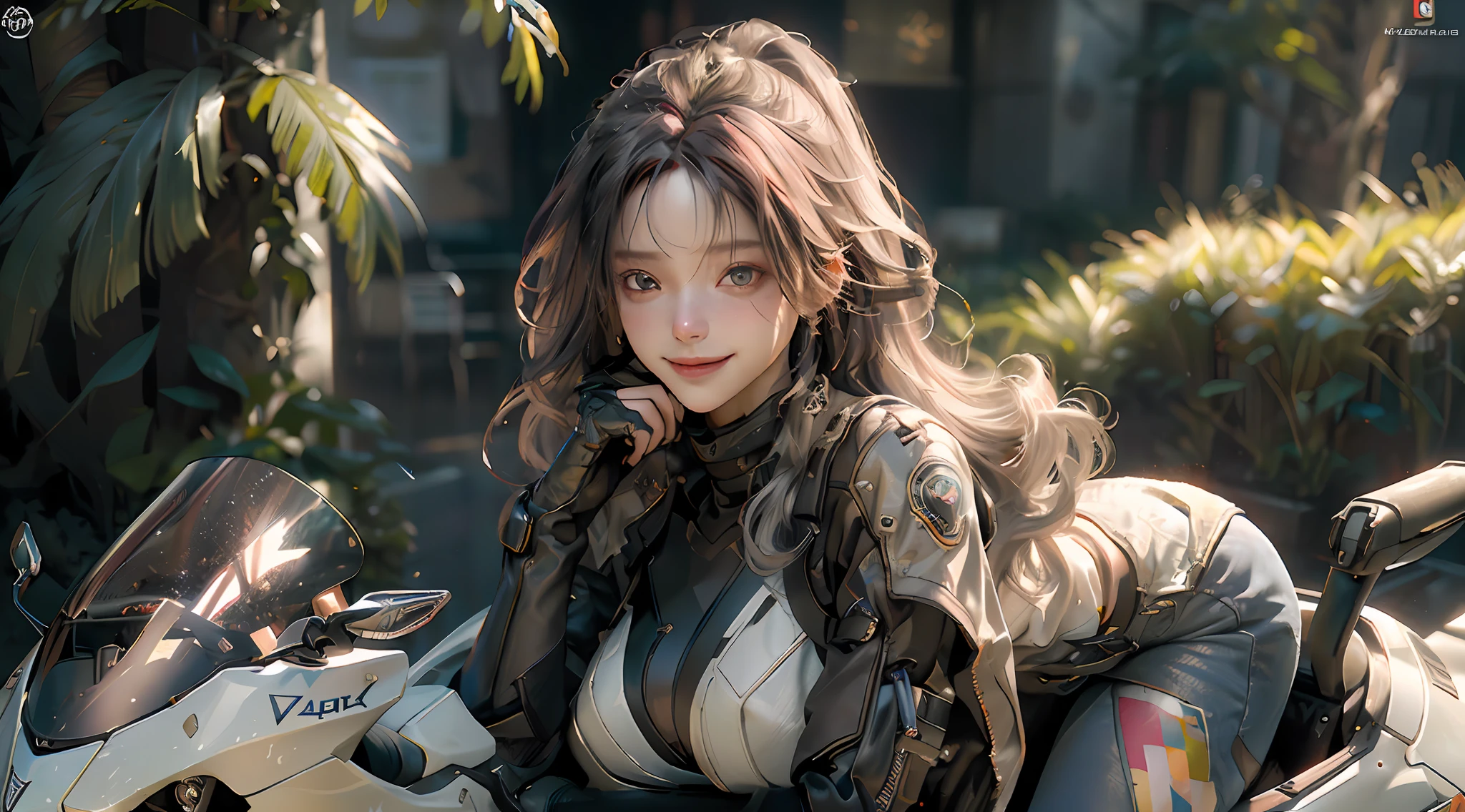 ((Best Quality)), ((Masterpiece)), (Detail: 1.4), 3D, A Beautiful Cyberpunk Female Figure, HDR (High Dynamic Range), Ray Tracing, NVIDIA RTX, Super-Resolution, Unreal 5, Subsurface Scattering, PBR Texture, Gray Hair, Incredibly Long Hair, Smile, Look Over, Sitting on a Motorcycle, Post-Processing, Anisotropic Filtering, Depth of Field, Maximum Clarity and Clarity, Multi-layered Texture , Albedo and Specular Mapping, Surface Coloring, Accurate Simulation of Light-Material Interactions, Perfect Proportions, Octane Render, Bicolor Light, Large Aperture, Low ISO, White Balance, Rule of Thirds, 8K RAW,