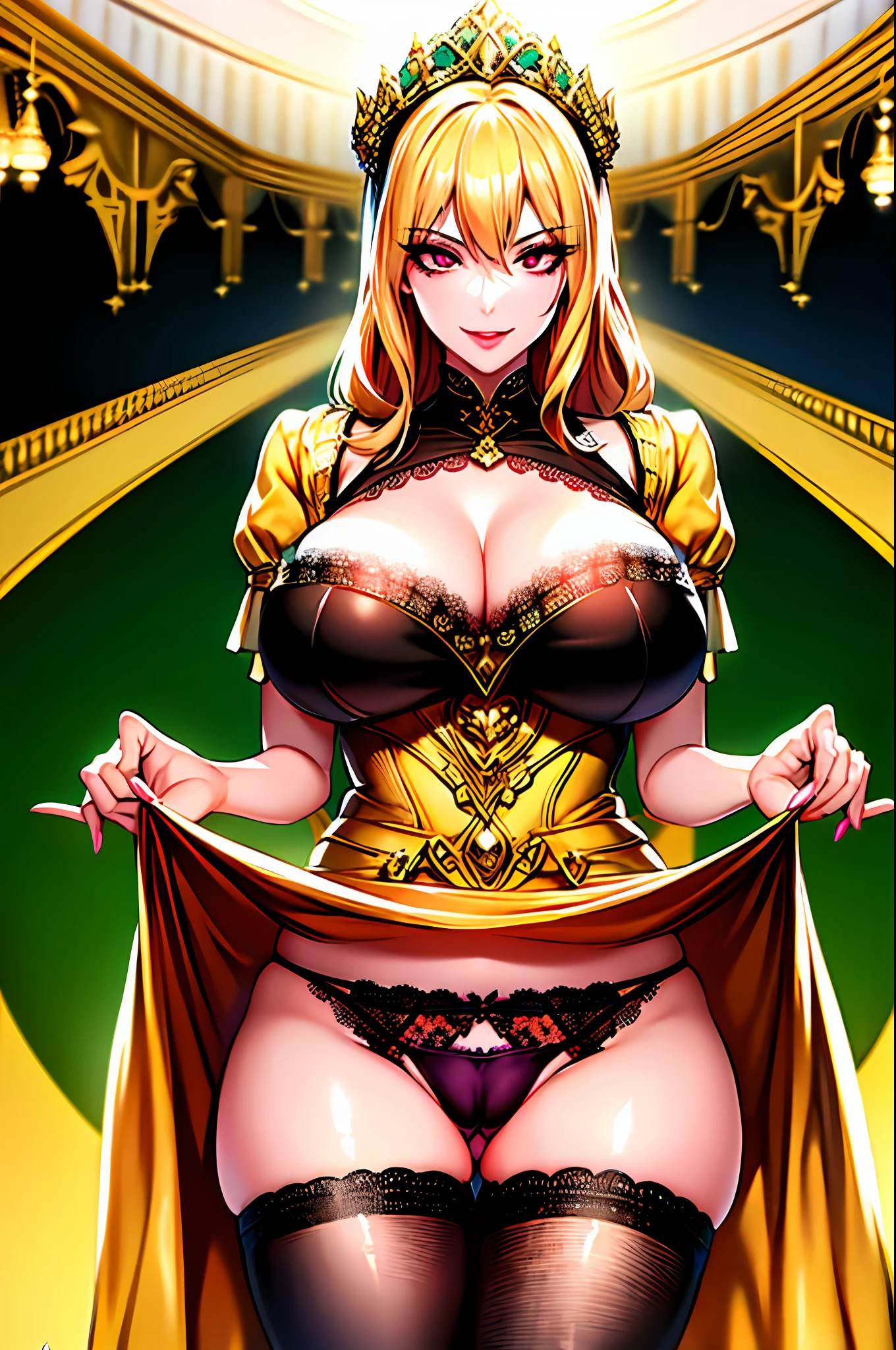 fantasy-style, 1girl, solo, masterpiece, best quality, detailed face, face focus, evil smile, long eyelashes, looking at viewer, dress, big breast, (cleavage), golden, jewelry, standing, (skirt lift), (lace trimmed panties), (cameltoe) ,(thong:1.2), shiny skin,