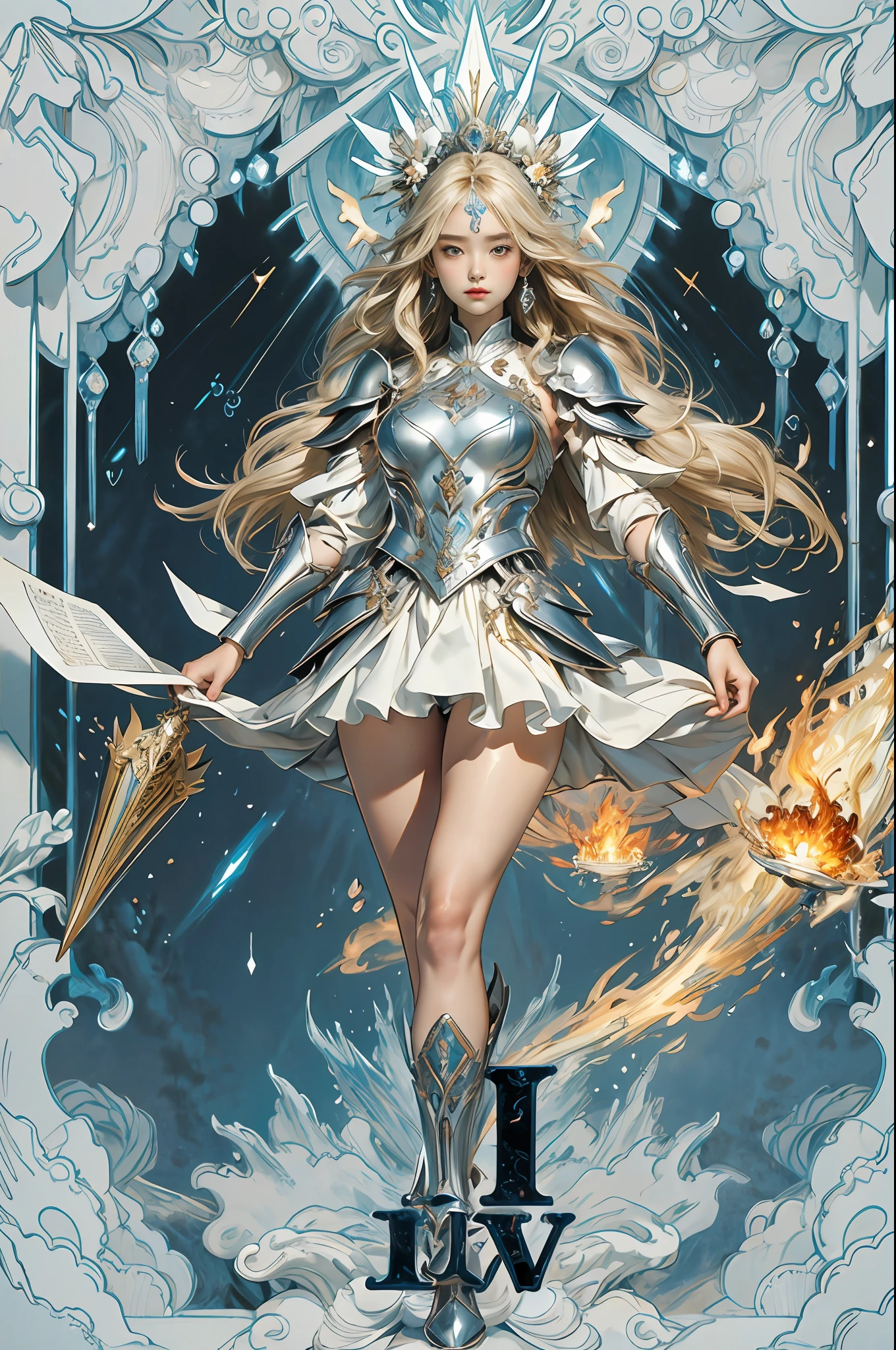 1 girl, Korean, delicate face, beautiful, big eyes, full body, sacred, high cold, flowing hair , face details, gorgeous armor, gorgeous accessories, fair skin, silver-blonde hair, sacred, masterpiece, (flower), (thunder), (fire), (water), lightning, rain, scattered pieces of paper, hands folded, fantasy, holy light, reality and dream combined, 8k, top, best quality, masterpiece, premium, close-up, from the front, facing the audience, full body, solo
