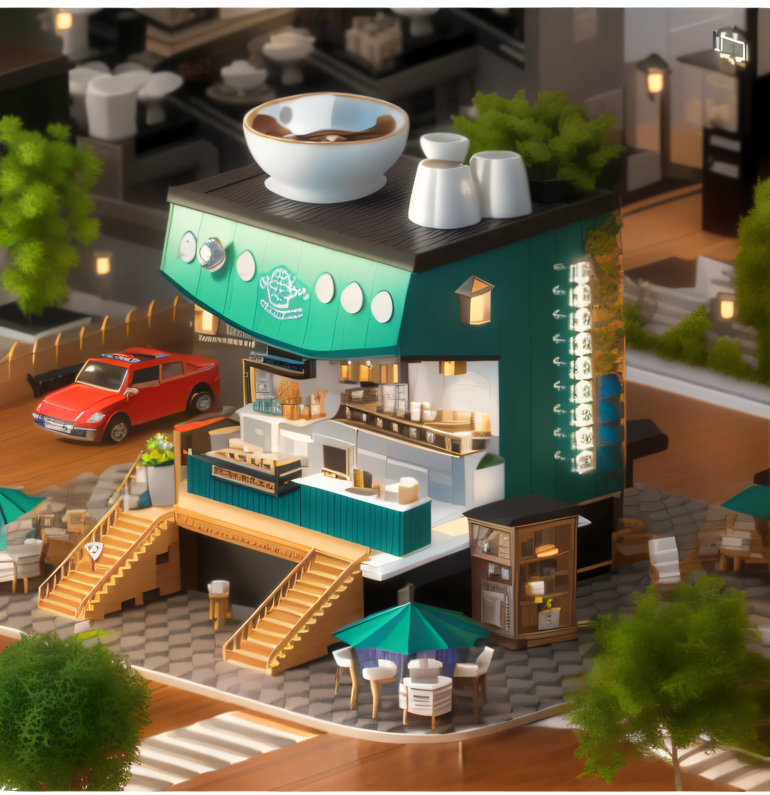 There is a miniature model of a coffee shop,Highly detailed visual espresso, stylized 3d render, hyper detailed 3d render, hyper detailed 3d render, 3 d stylize scene, hyper detailed scene, 3 d render stylized, highly detailed scenario, highly detailed 3d render, highly detailed 3d render, miniature cafe diorama