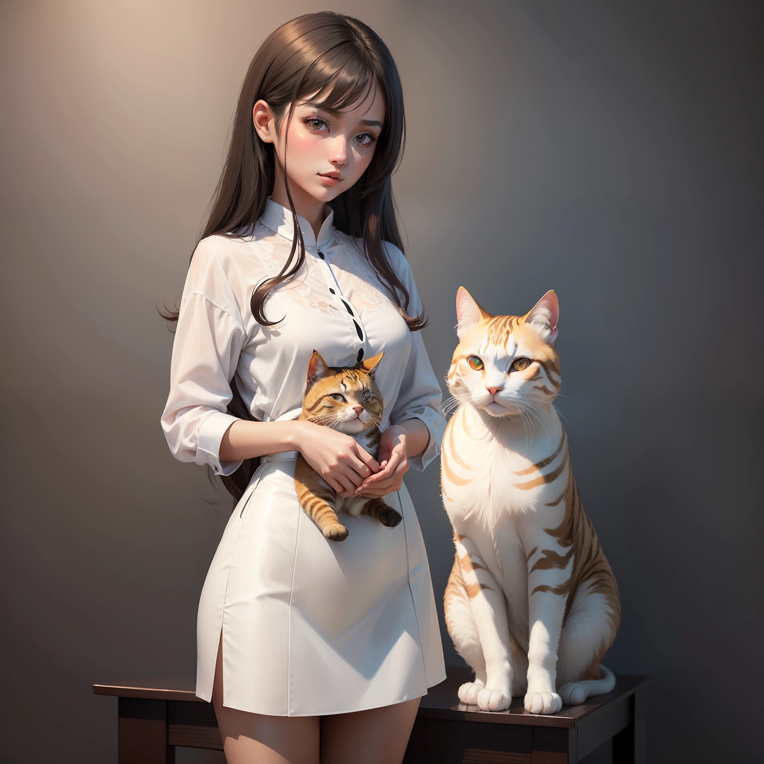 (masterpiece), (best quality), (ultra detailed),(disheed hair),(illustration), (1girl), (Fashionable clothing), standing, Fashion model, looking at viewer, (interview), (simple background),美丽细致的眼睛,Delicate beauty,hold a cat,White shirt