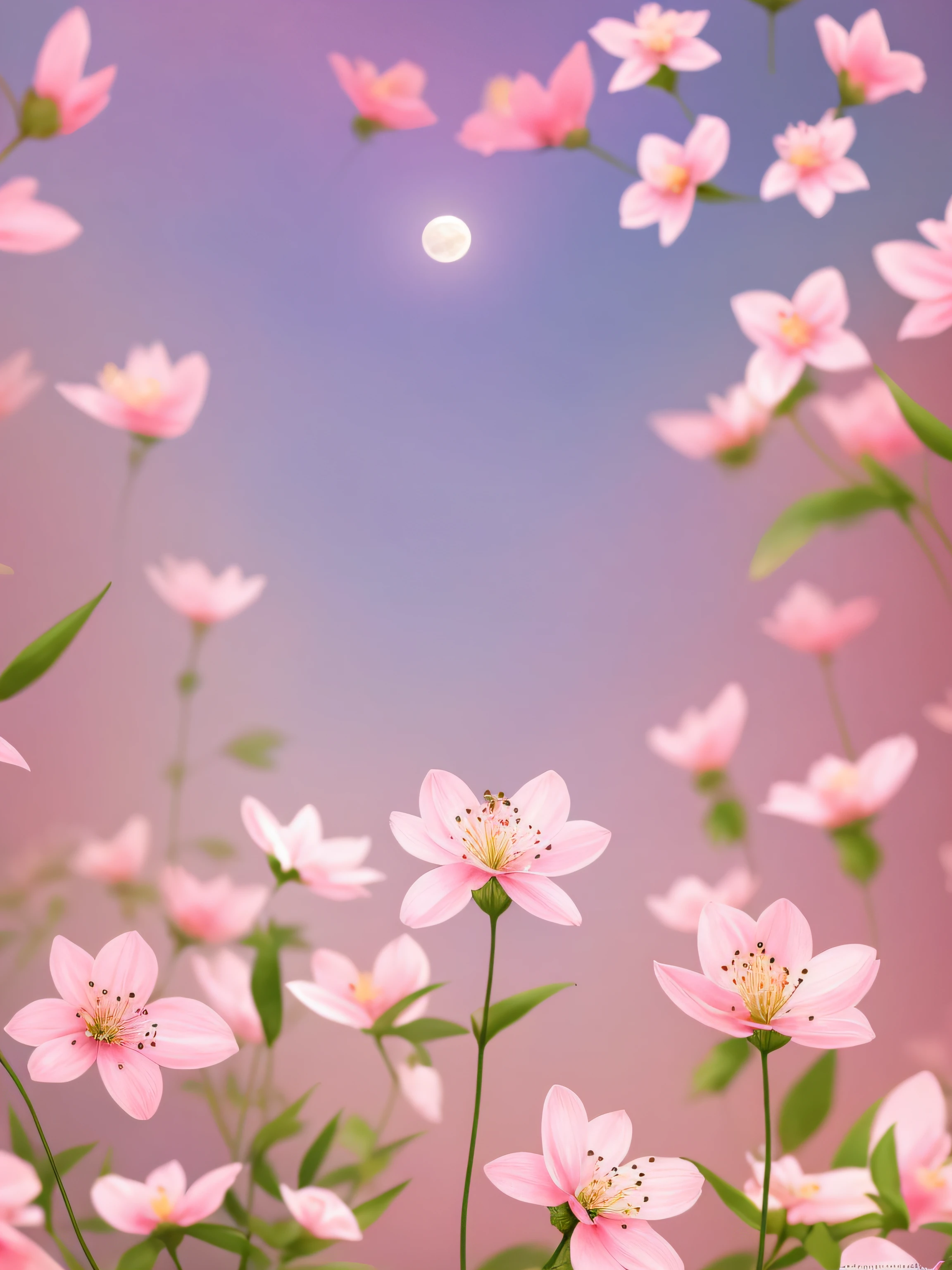 There are pictures of the moon and flowers in the sky, night sky full of flowers, dreamy floral background, dreamy night, arte de fundo, Ethereal background, pastel flowery background, background is heavenly, anime backgrounds, blurry and dreamy illustration, dreamlike illustration, Dreamy and ethereal, Luminous flowers, background artwork, Magical background, dreamy scenes, falling cherry blossoms pedals